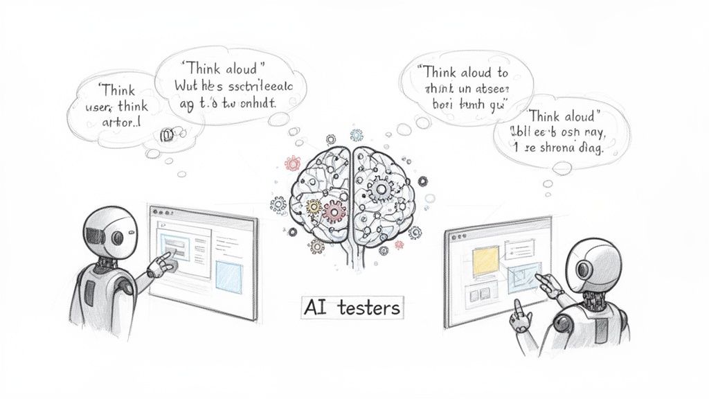 Two AI robots interact with user interfaces, with thought bubbles and a central brain.