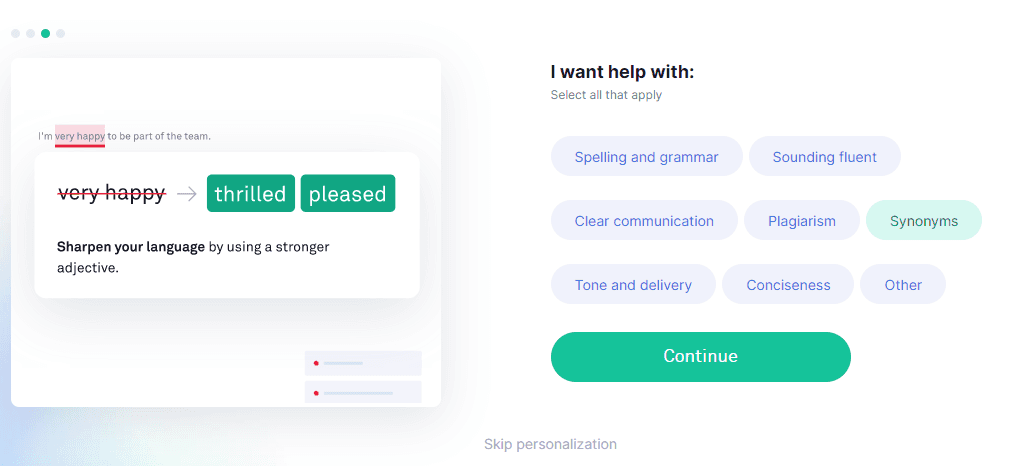 grammarly example app onboarding