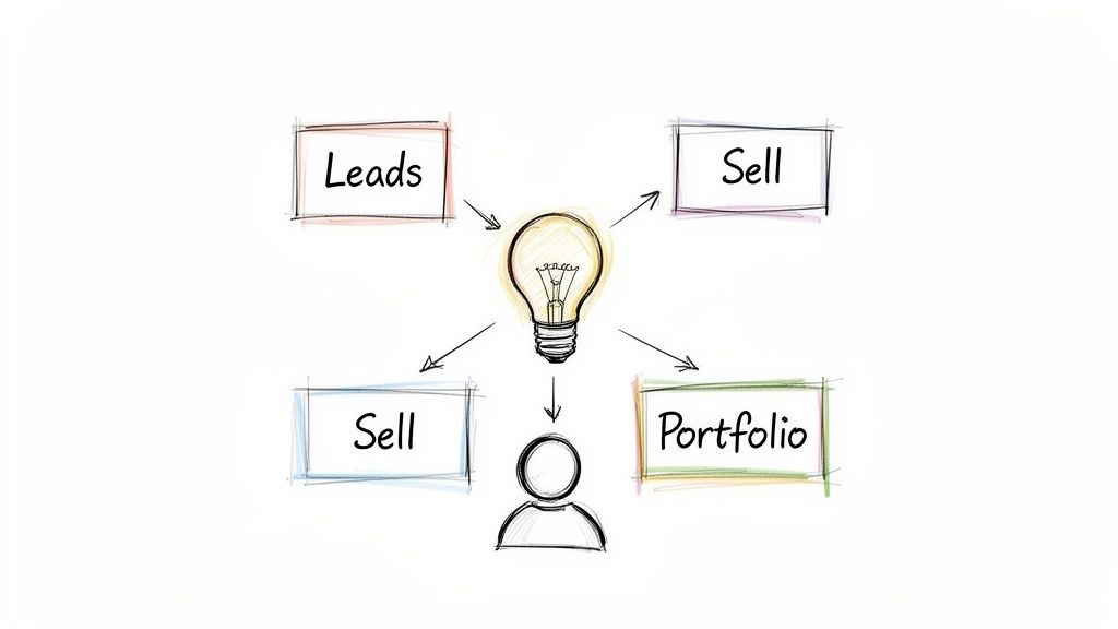 Flowchart illustrating a central idea generating leads, sales, and a portfolio for an individual.