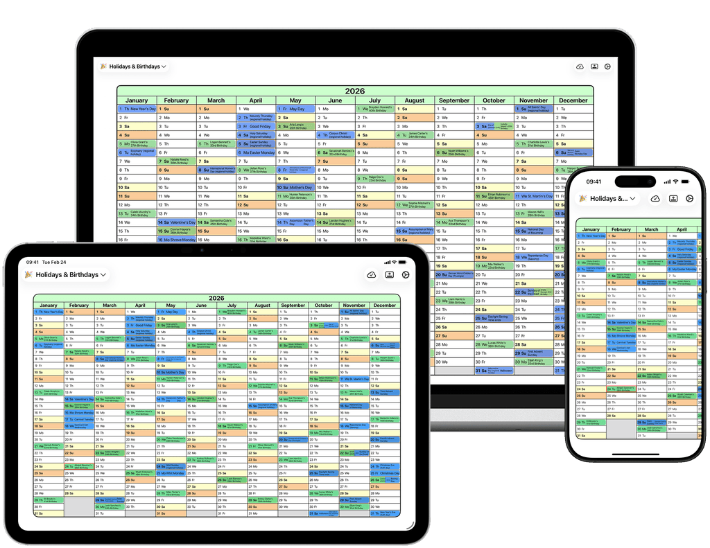 Yearli year calendar app running on iPhone, iPad, and Mac
