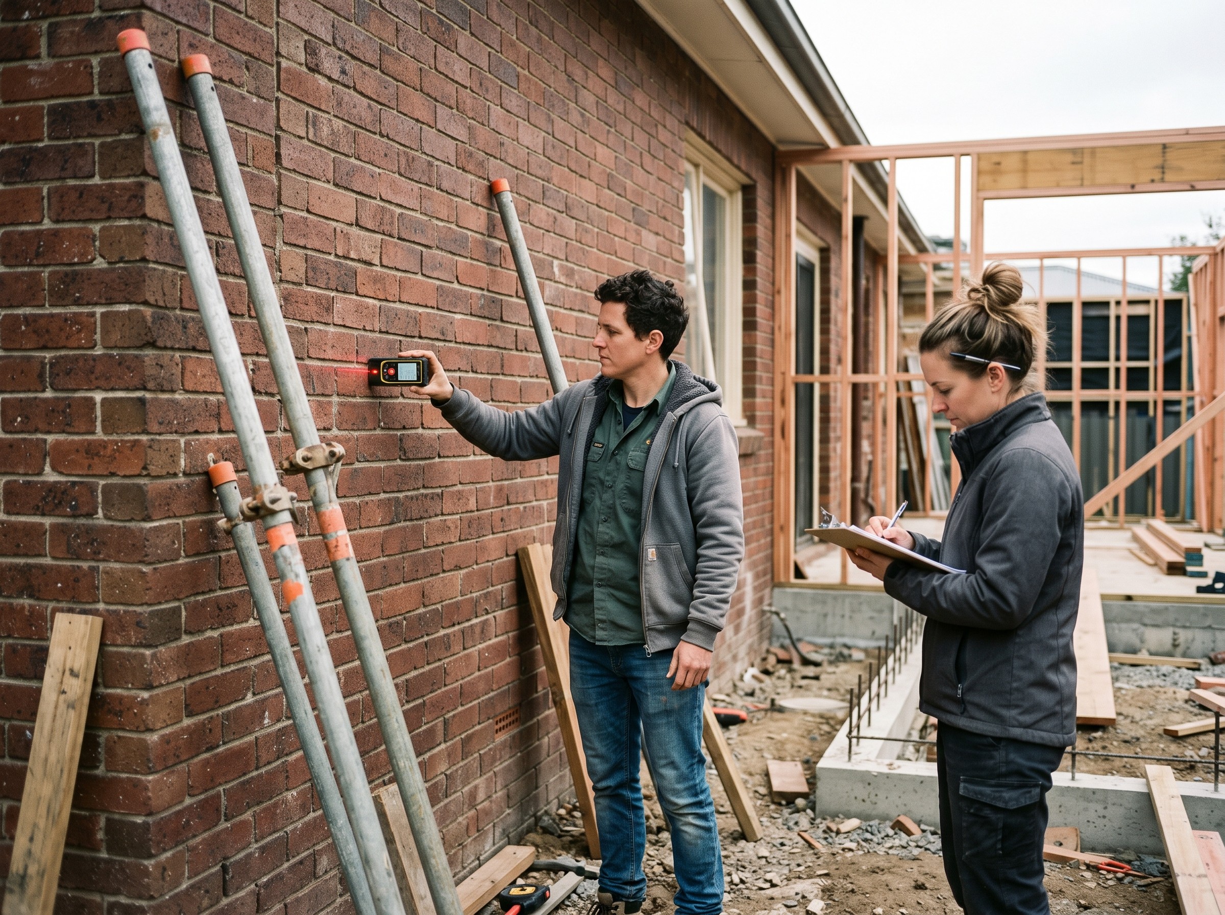 a person holds a laser measure against an exterior wall while a second figure notes measurements on a clipboard,