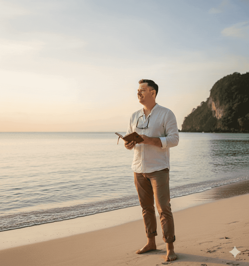 Man on beach reading book at sunrise. Peaceful morning scene.