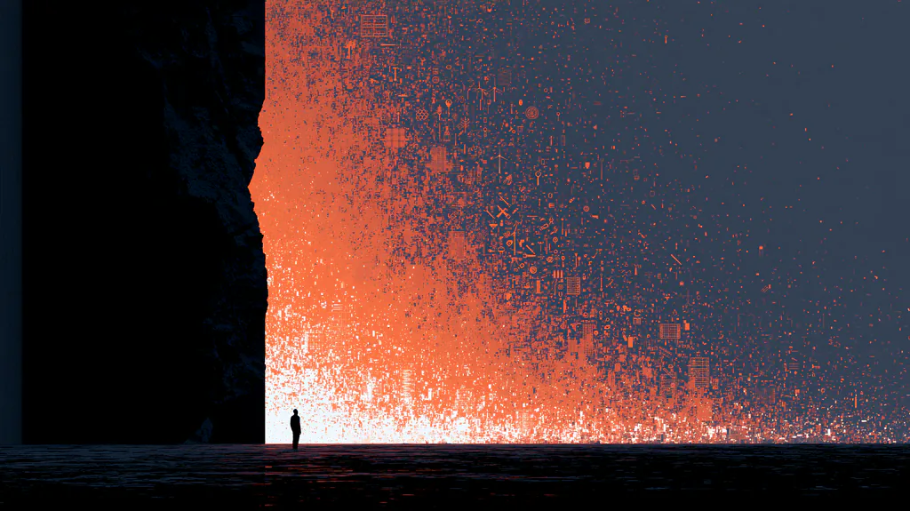 A lone figure facing an expanding field of orange digital fragments, representing the coming abundance of software