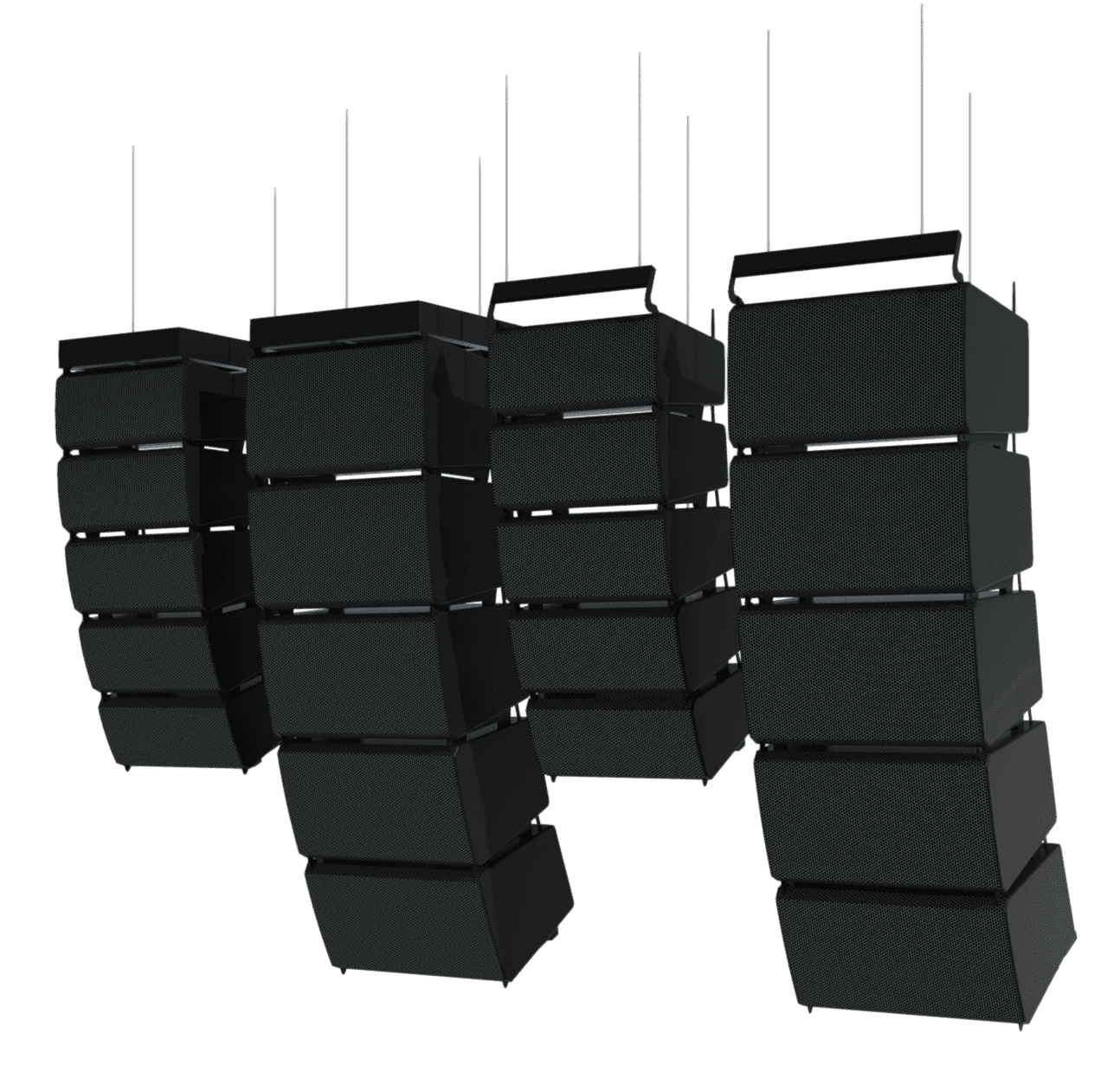 PL Series LA8 & LA12 flown loudspeaker line arrays with array frame and pull back bar systems.