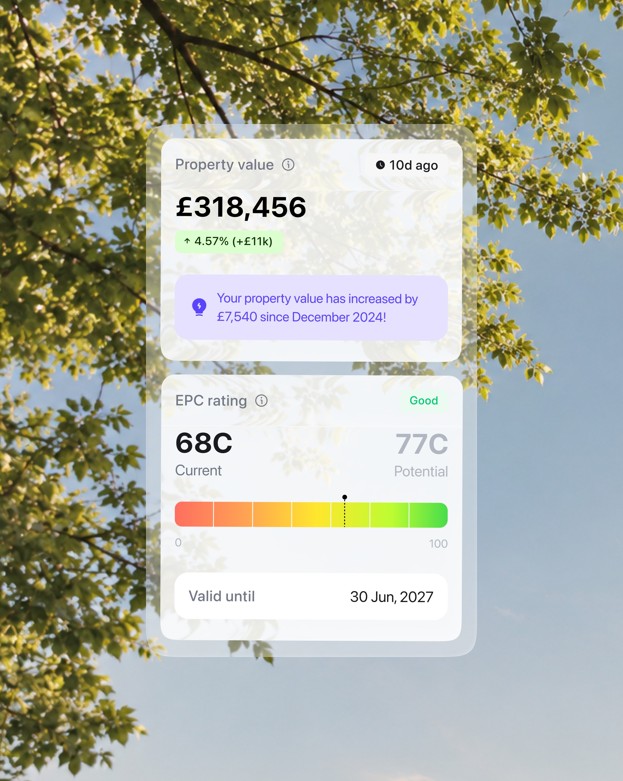 Property insights in August landlord app showing EPC rating 68C current and 77C potential, council tax band D at £1,750 per year, and Land Registry title number