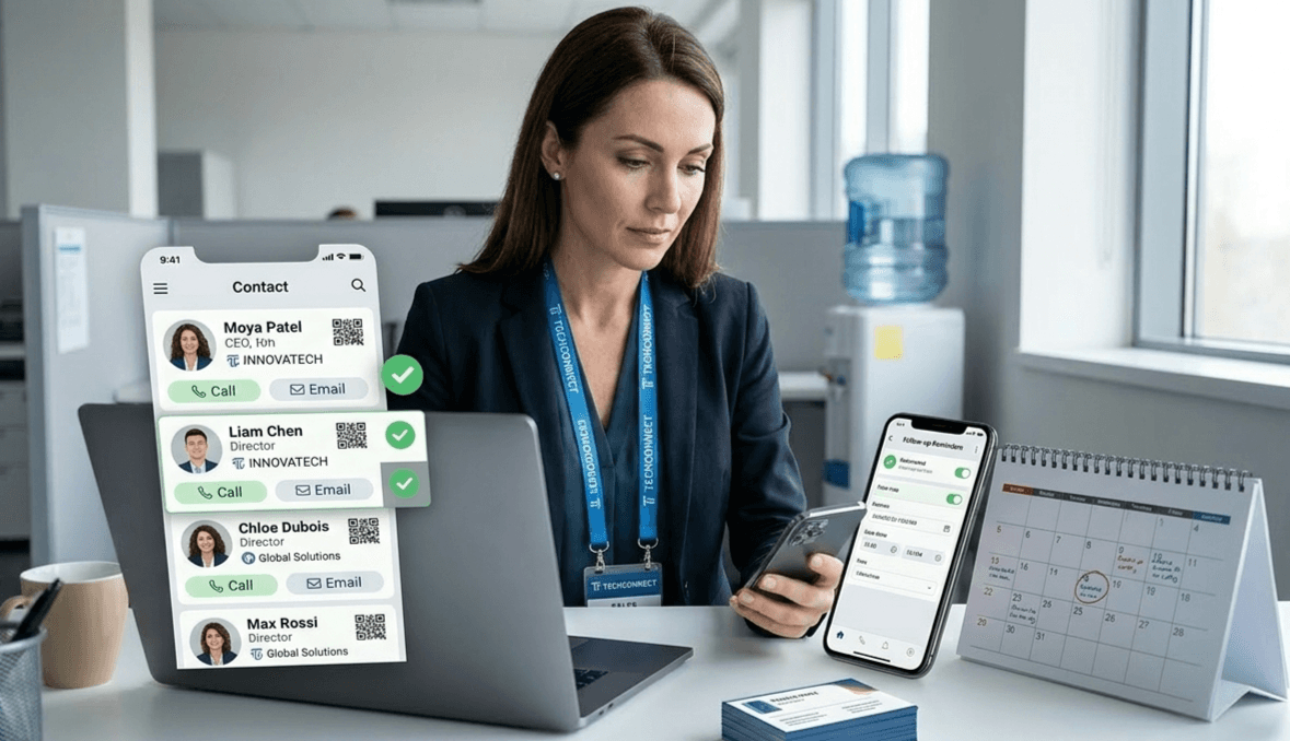 Sales professional reviewing digital contacts and setting follow up reminders after event lead capture