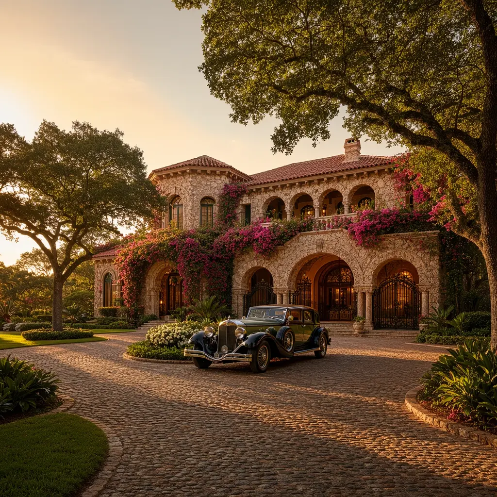 Grand Mediterranean-style estate in Coral Gables featuring a historic stone facade covered in vibrant pink bougainvillea, arched entryways, a cobblestone driveway, and a classic vintage car at golden hour