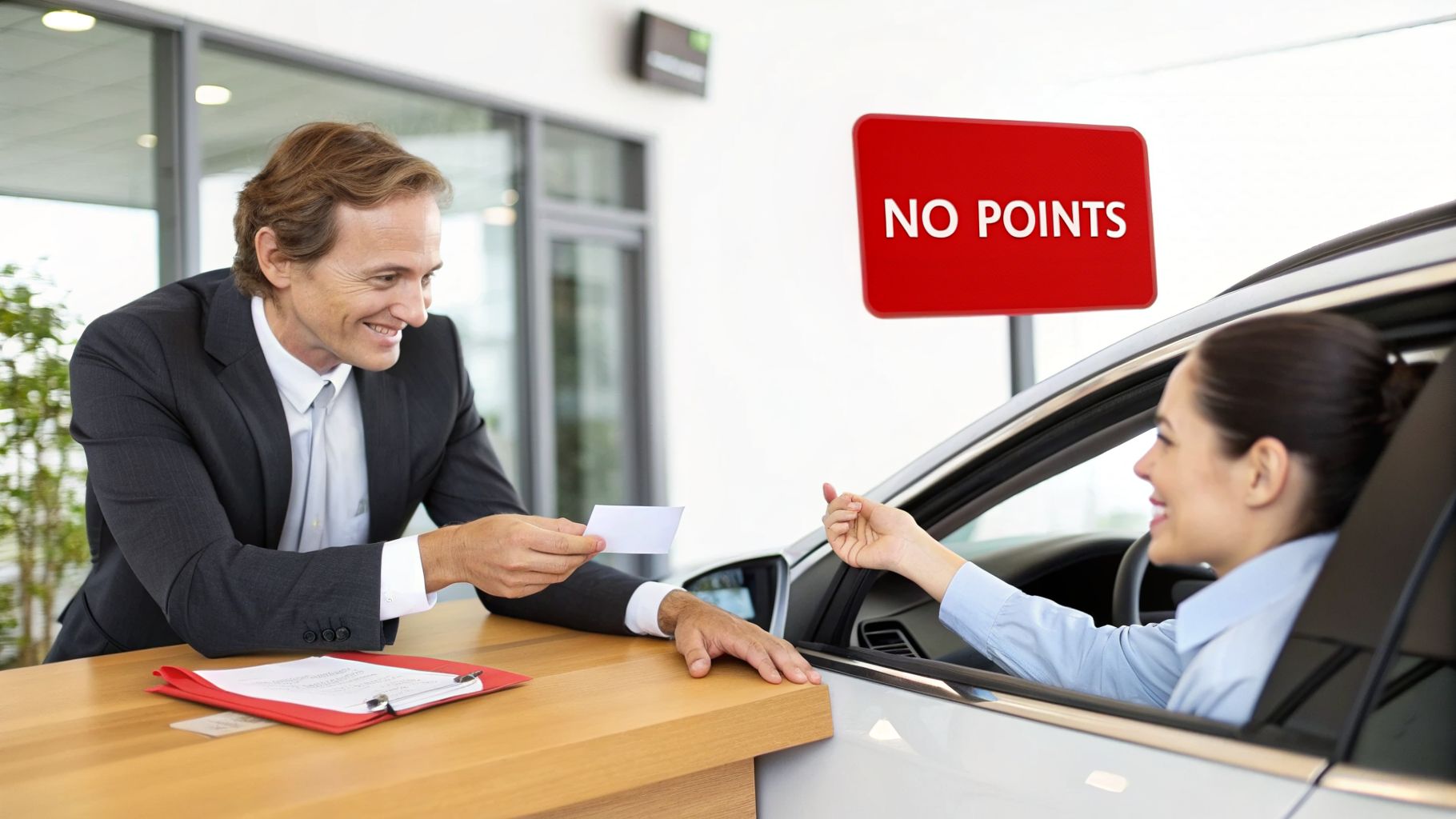 A man in a suit hands a paper to a woman in a car, with a 'NO POINTS' sign above.