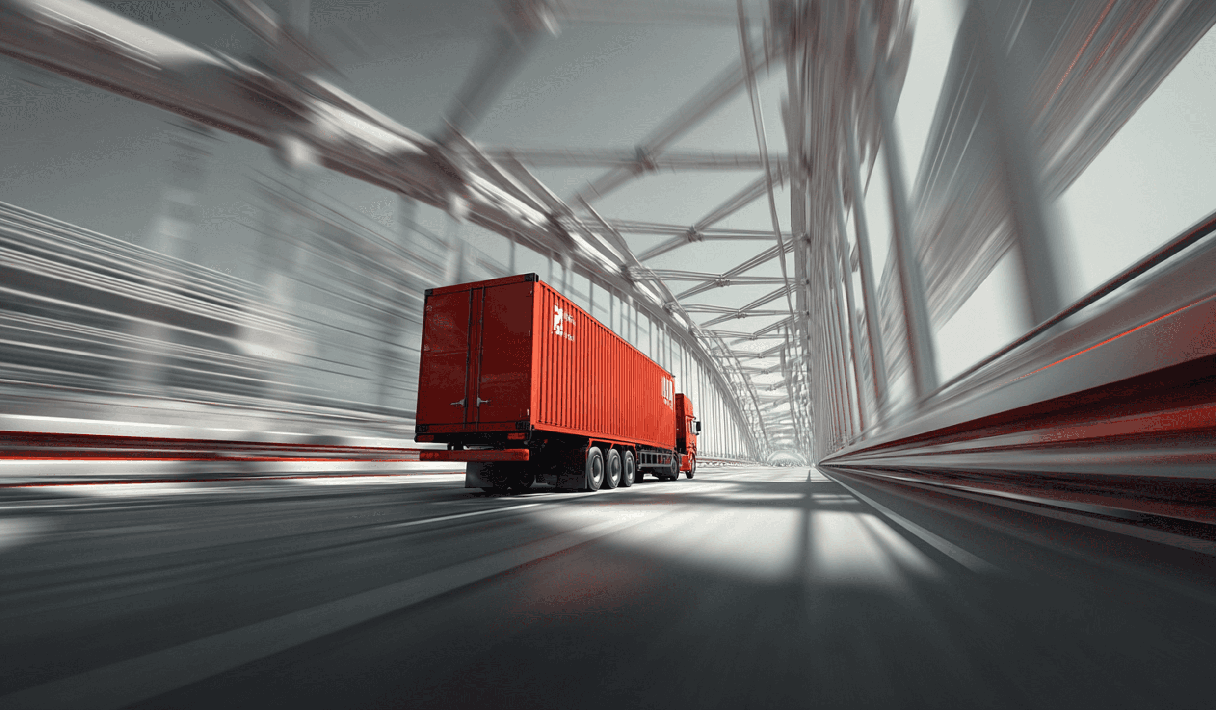 Red truck with a long trailer speeds across a modern metal bridge, emphasizing motion and efficiency. The dynamic angle and lines convey energy.
