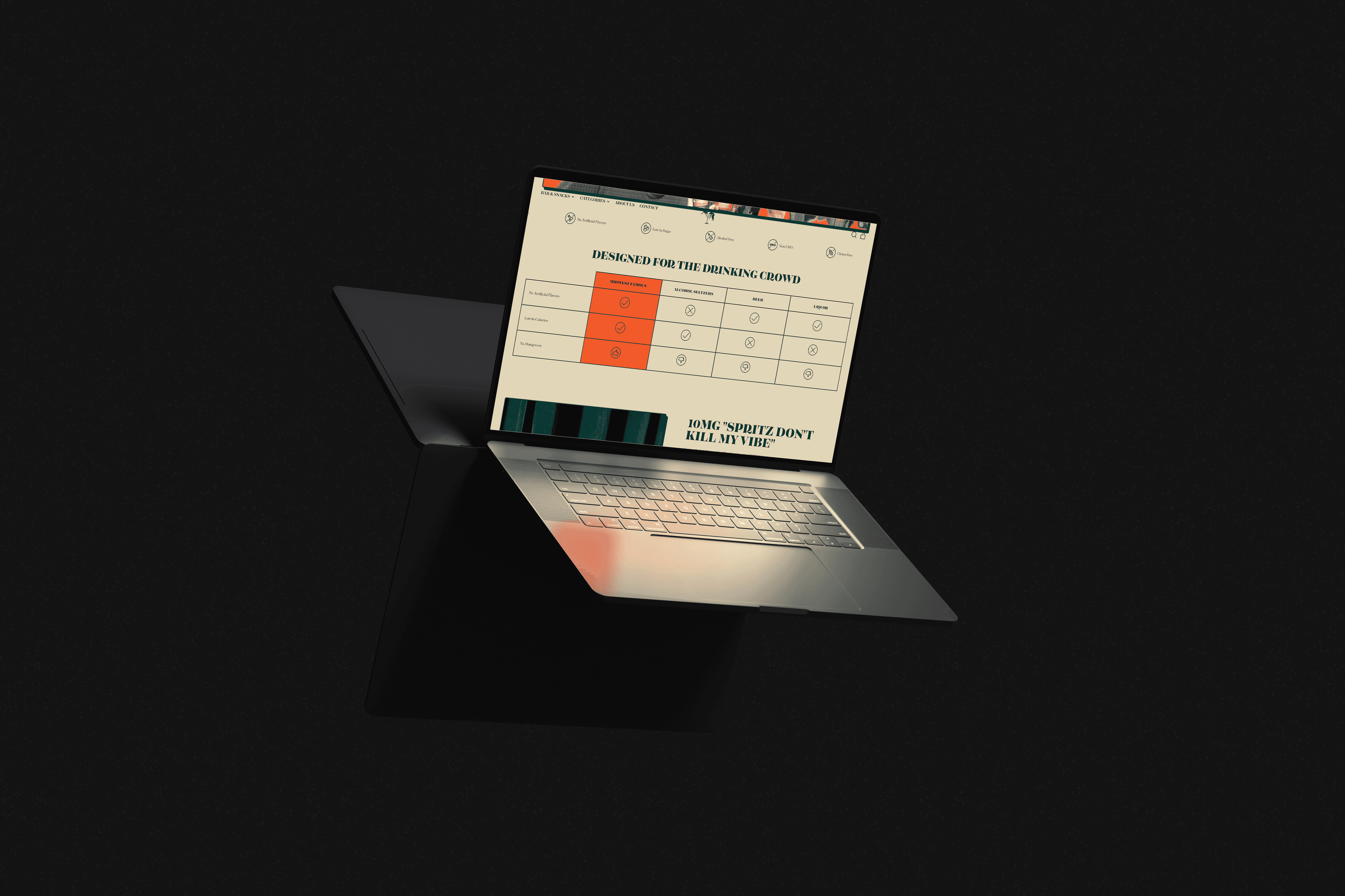 a floating laptop in a dark studio setting showcasing a website