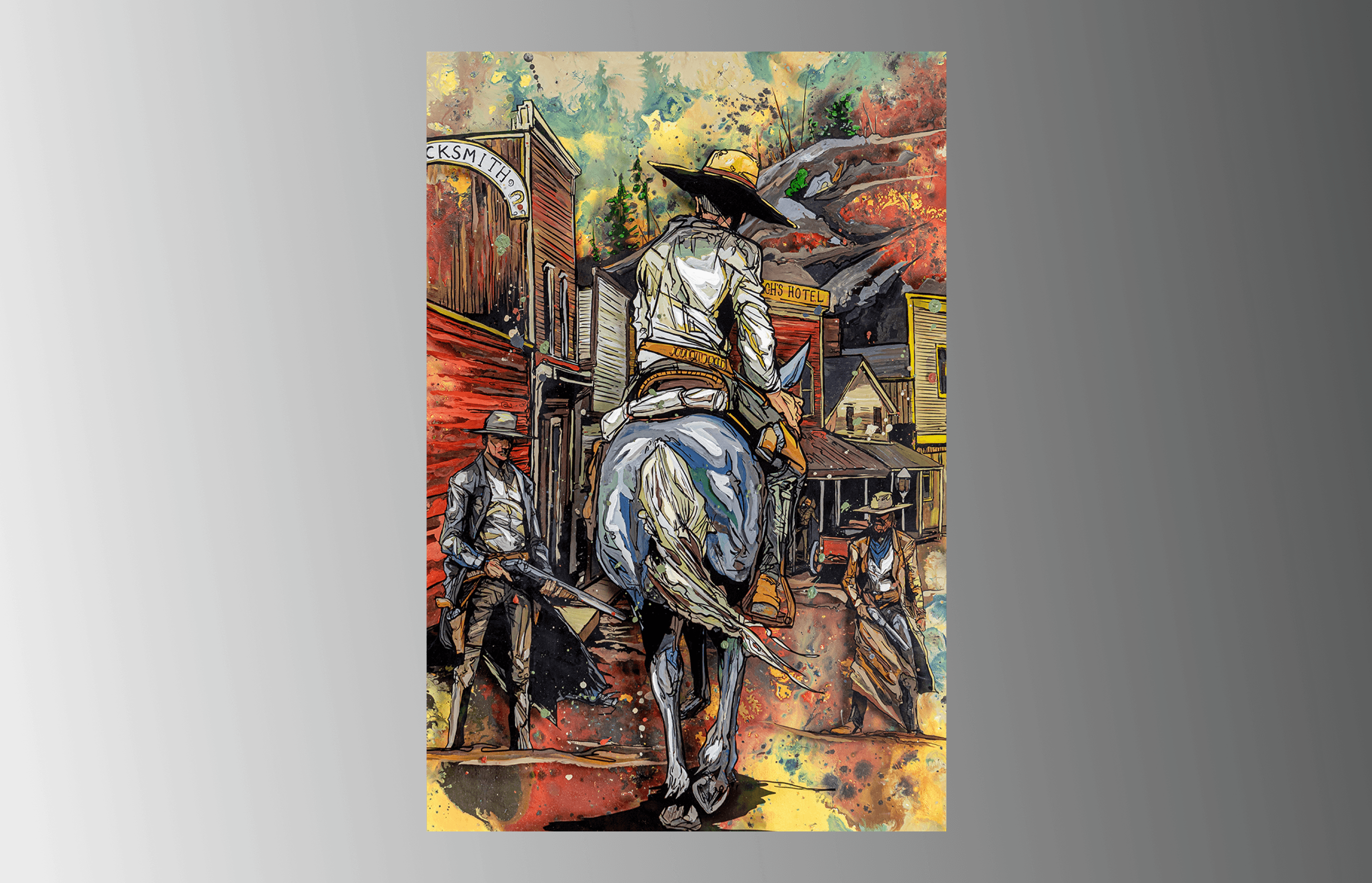 The painting "Riding into Town" is a from the back depction of a cowboy riding a blue horse into a town as two onlookers watch with rifles in hand.