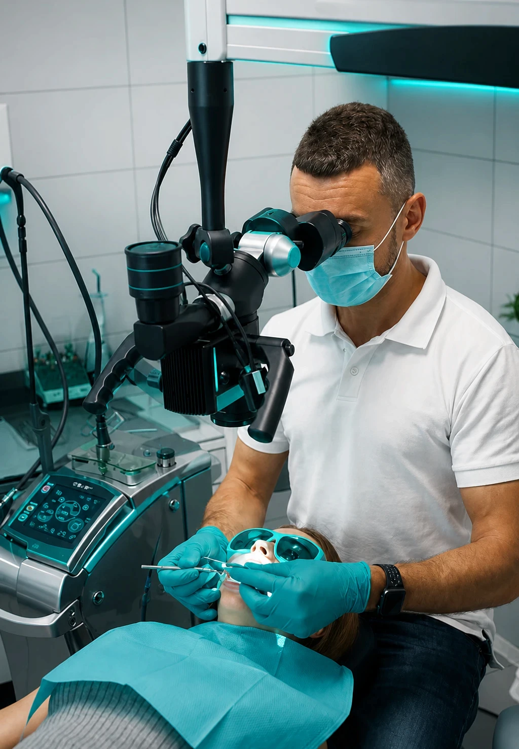 Dentist using professional operating microscope for precise examination.
