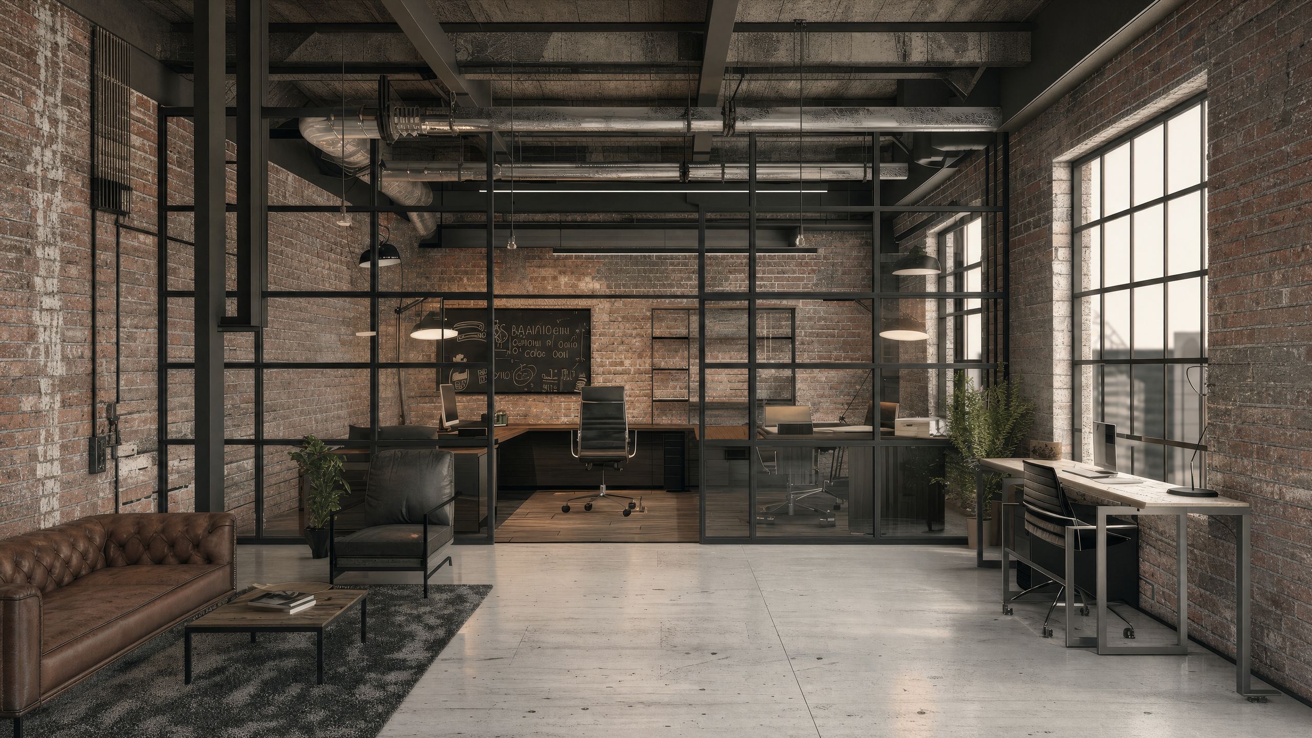An empty loft office with exposed timber beams and polished concrete.