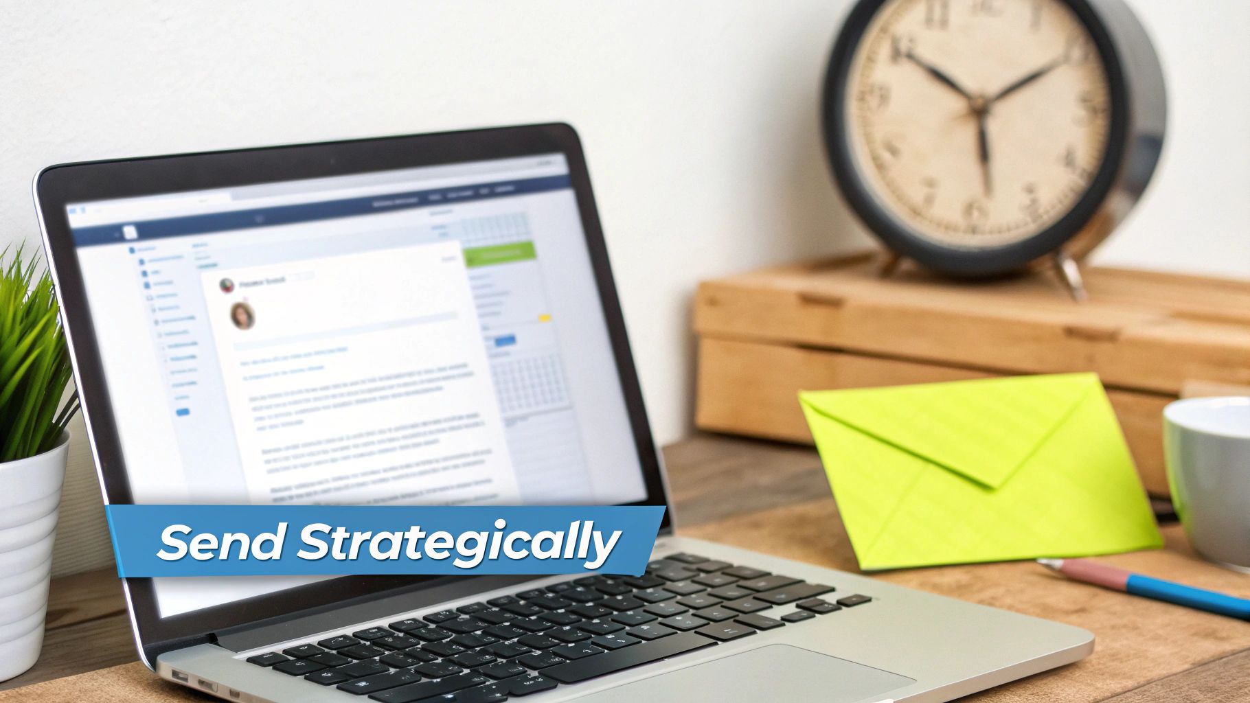 A laptop on a desk displaying an email interface, with a green envelope and a clock, emphasizing strategic sending.