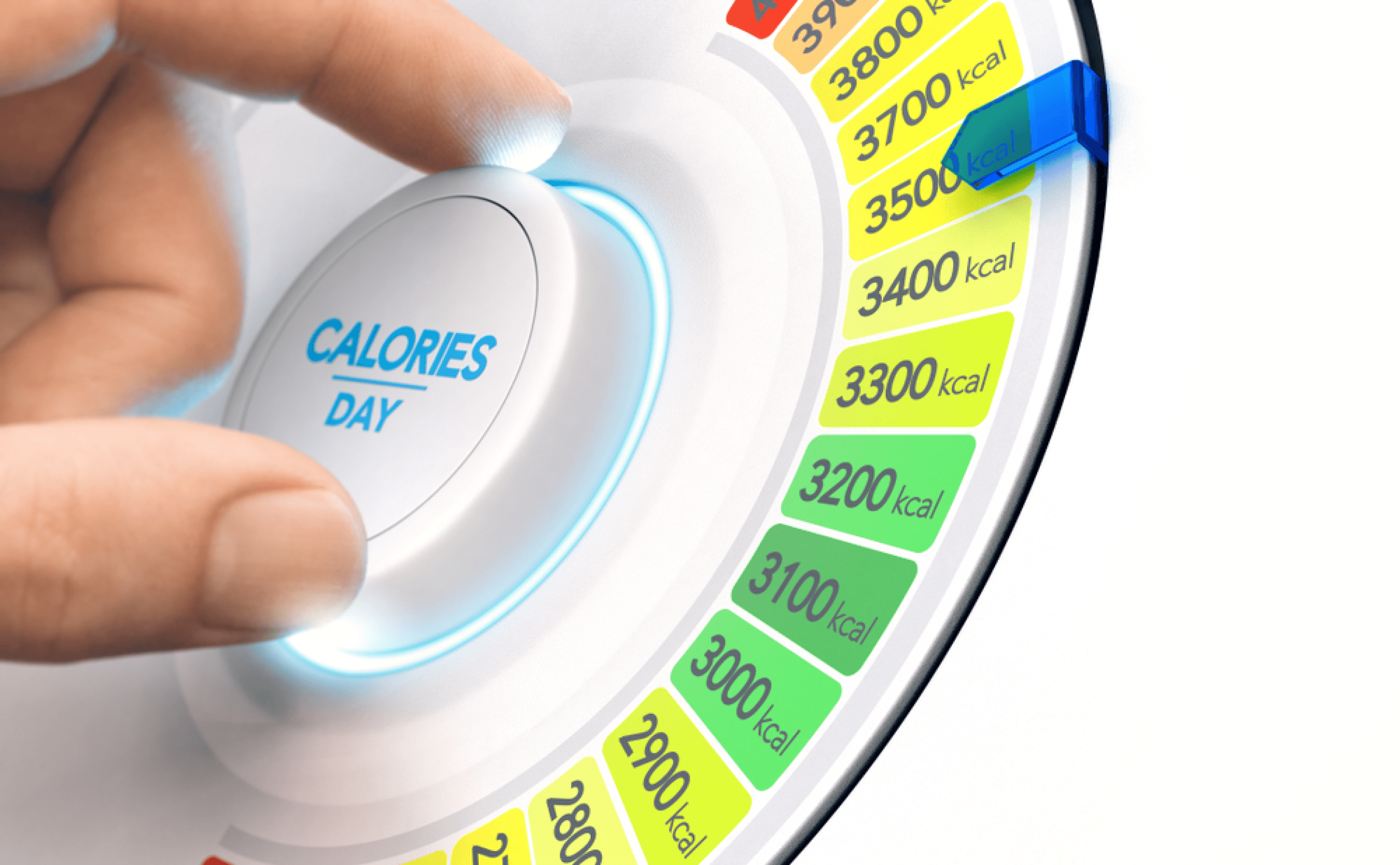 Hand adjusting a calorie dial to manage daily caloric intake for weight management.