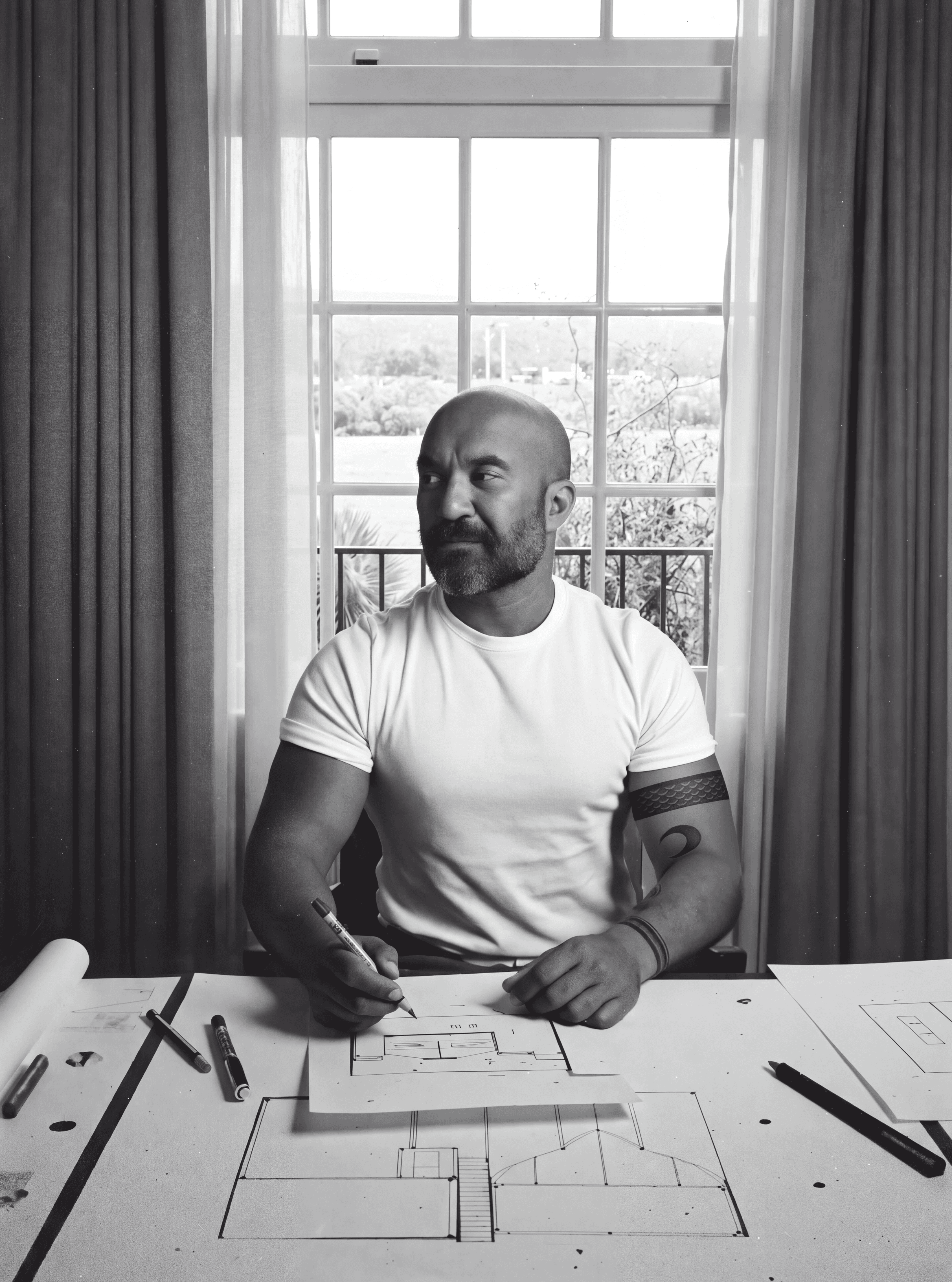 Borhan seated at a drawing table with architectural plans