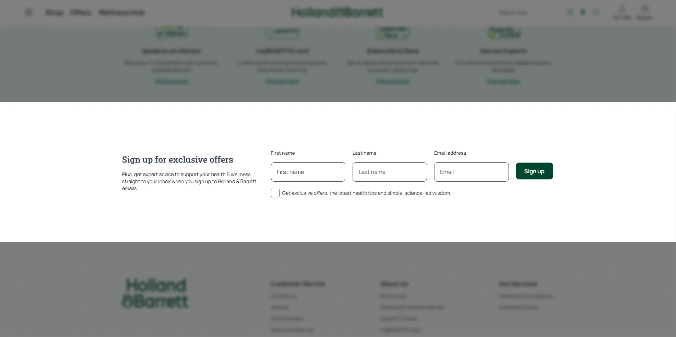 A static inline widget on the Holland & Barrett website showing a built-in email subscription form layout embedded directly above the site footer.