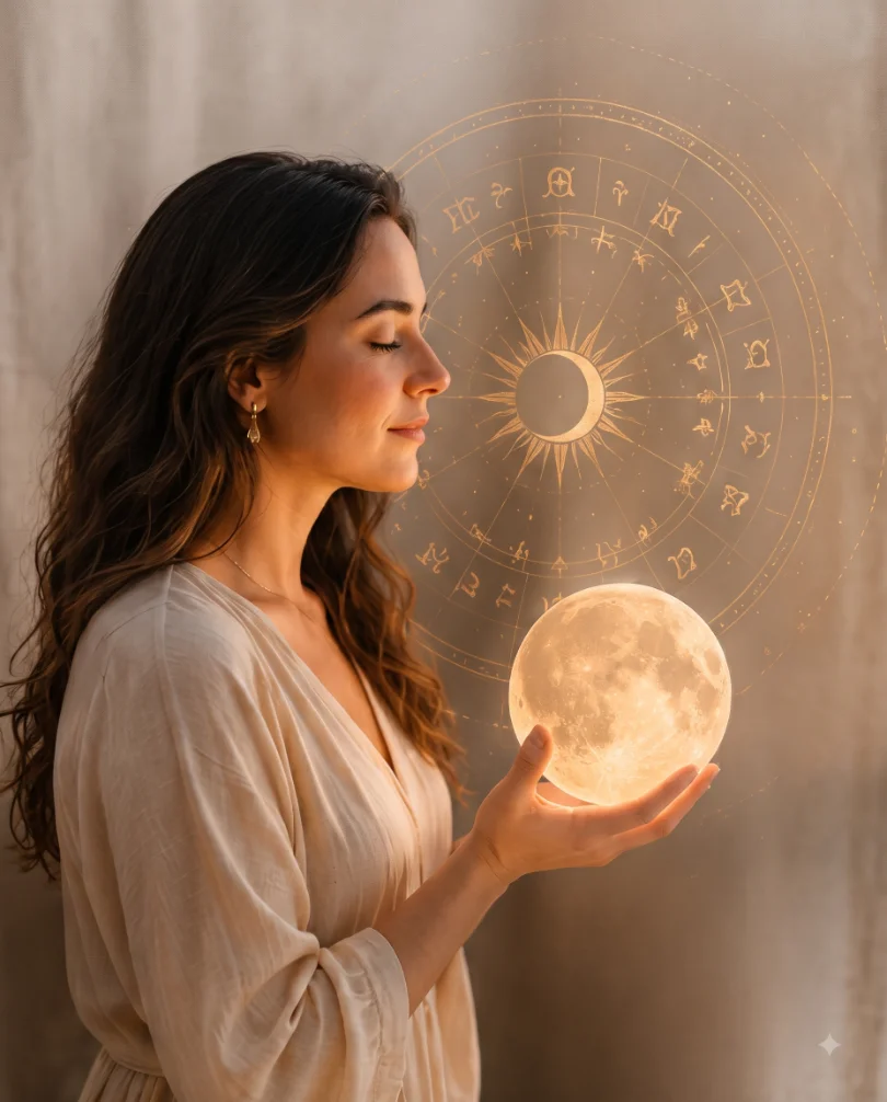 Mulher segurando uma lua diante de uma roda zodiacal dourada