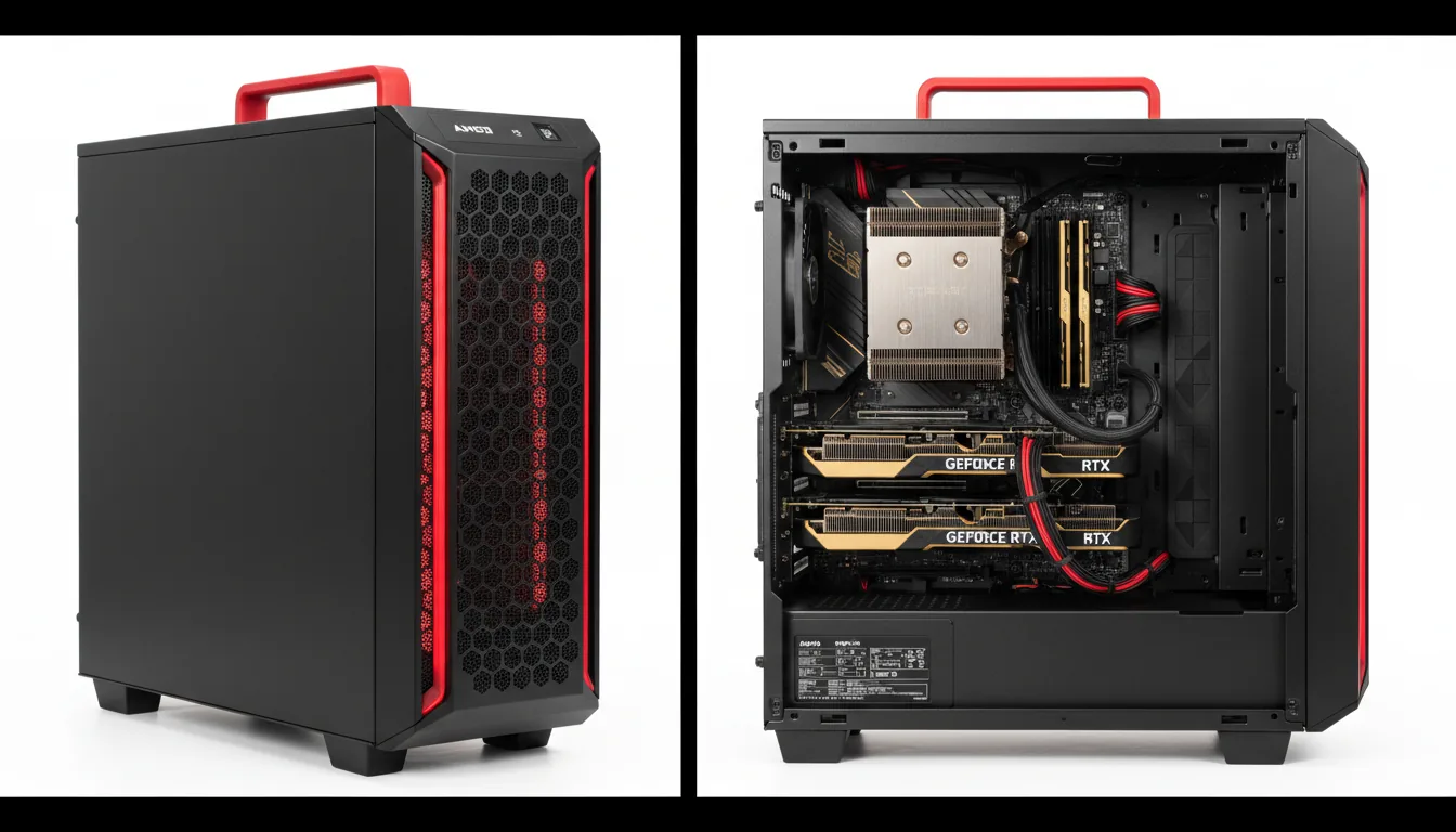 Diptych product shot of a high-performance computer workstation, DSLR photography, sharp focus, set against a clean white studio background with soft studio lighting. On the left, a 3/4 view of a matte black tower with distinctive red accents on the front honeycomb grille and top handle. On the right, a direct side view with the panel removed, showcasing immaculate internal components including an AMD Threadripper CPU and multiple high-end NVIDIA GPUs with gold accents, all meticulously organized within a metal chassis.