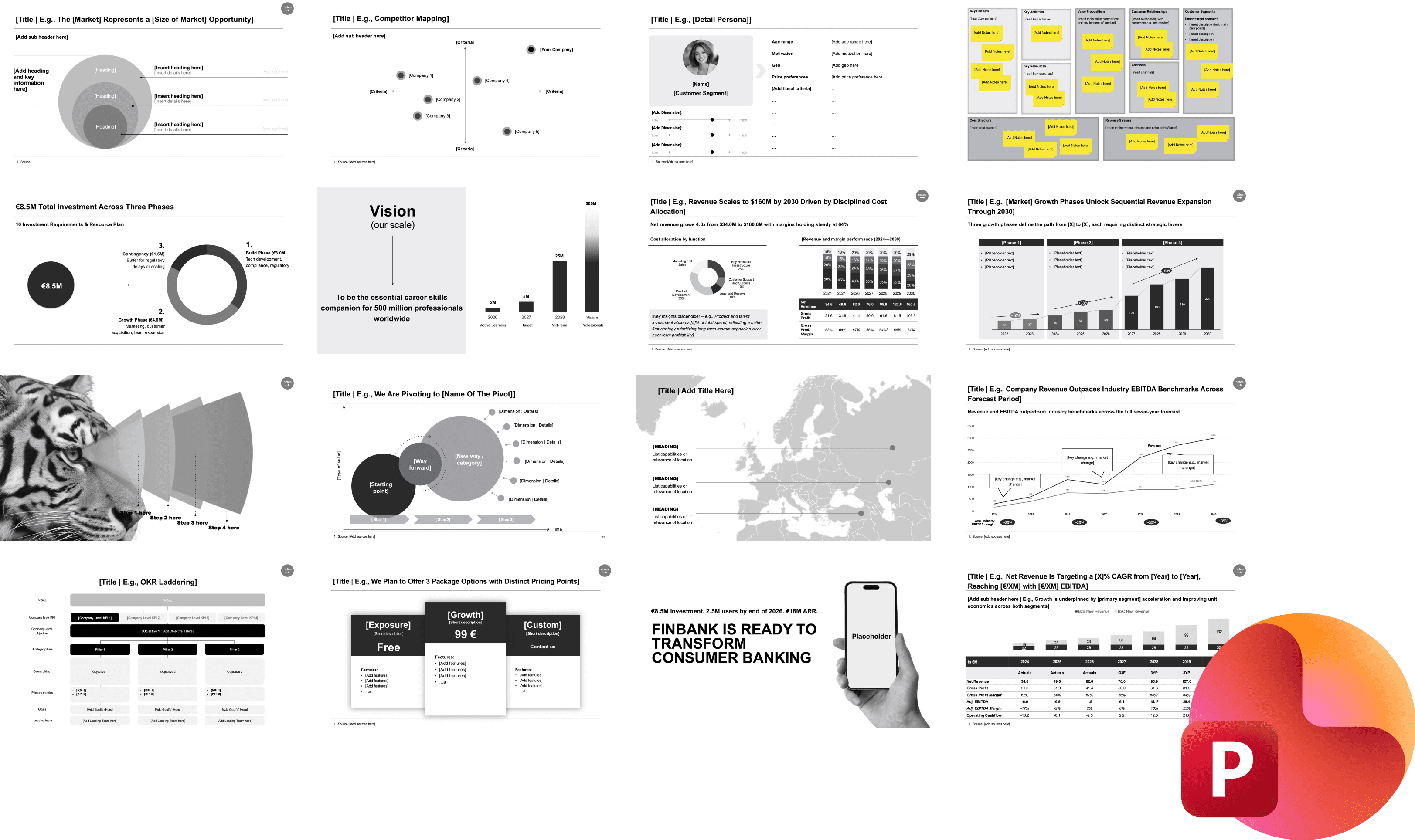Grid of slide thumbnails from the Product Strategy Toolbox showing over 500 professionally designed presentation slides, including the numbered agenda overview, frameworks for mission and vision, market and competitor analysis, product solution, financials, case studies, workshop templates, and design elements, displayed alongside a PowerPoint icon.
