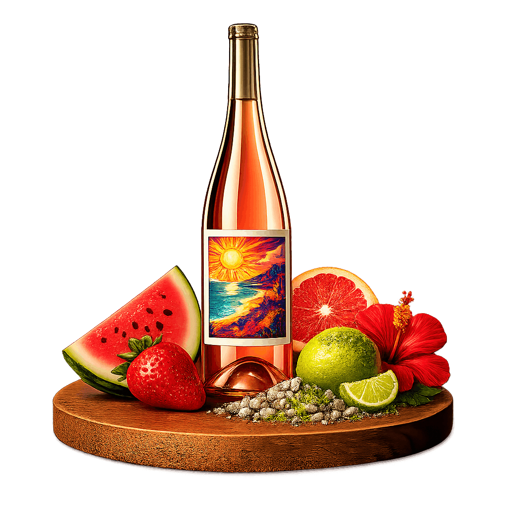 Artistic label and flavor profile for Mexican Rosé on a rustic wooden table.
