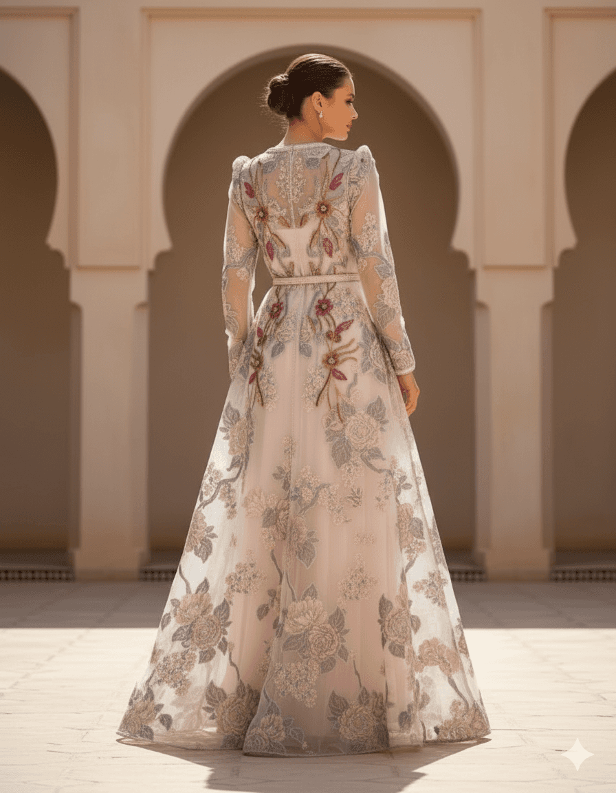A soft blush-toned caftan adorned with delicate floral embroidery. A refined piece embodying femininity and understated luxury.