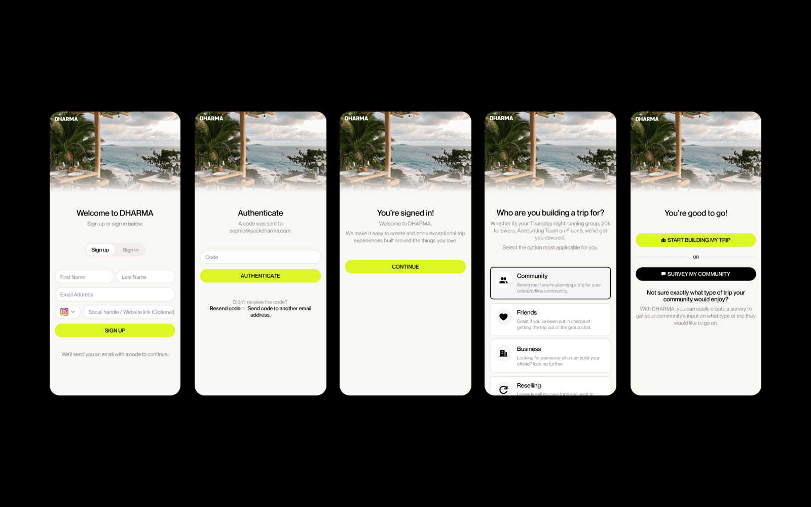 An overview of different screens of the DHARMA Studio sign-up flow on a mobile phone, designed by Oryzon Studio.