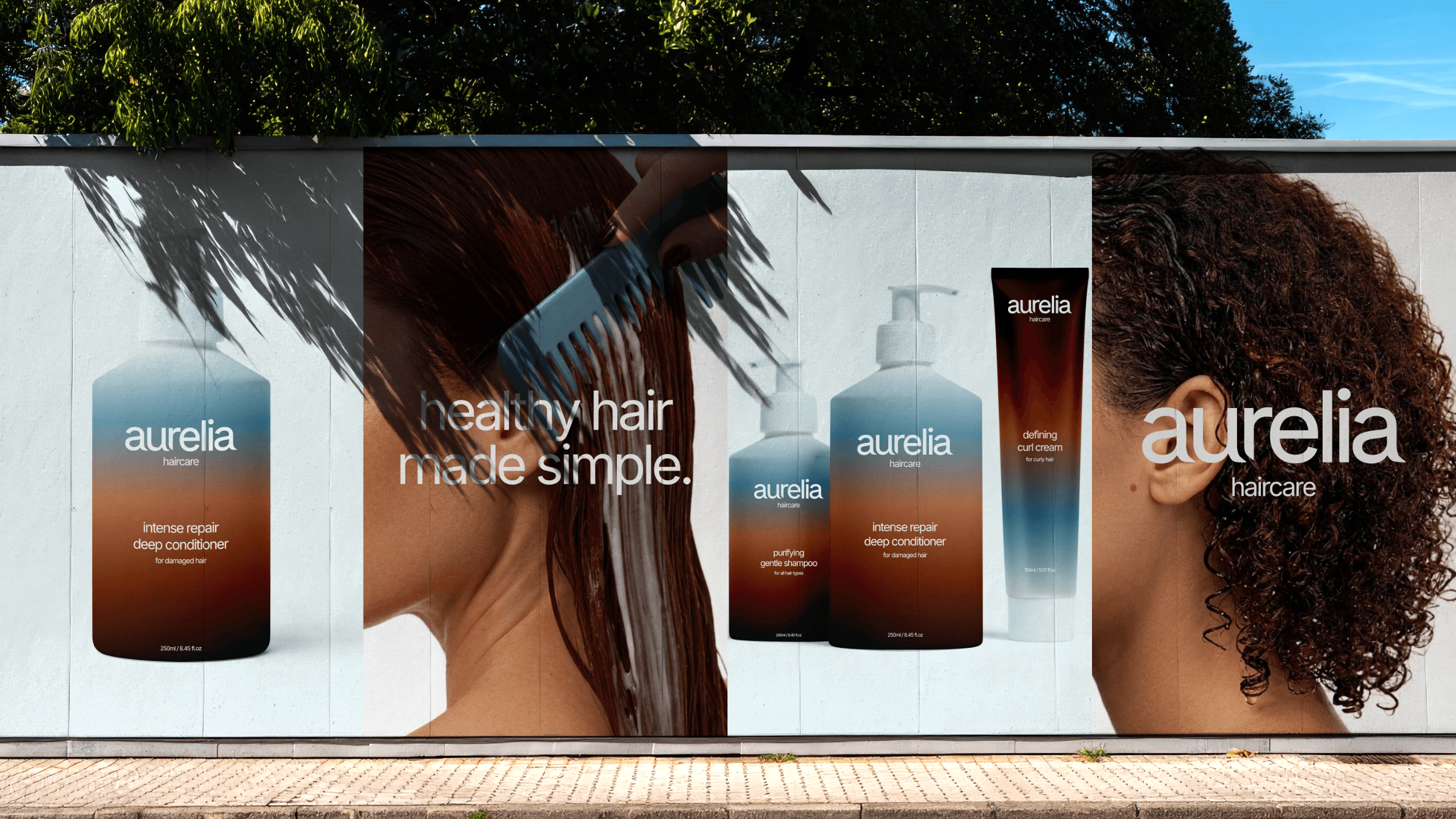 Poster designs for the Aurelia Haircare brand featuring the brand's products, and models using the products.