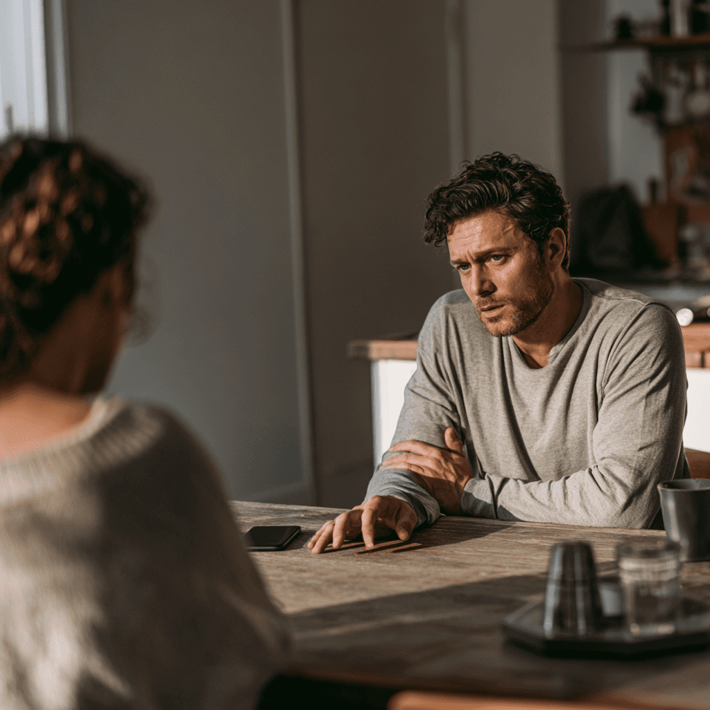 A man mid-conversation at a kitchen table, jaw tight, phone set aside as his partner listens