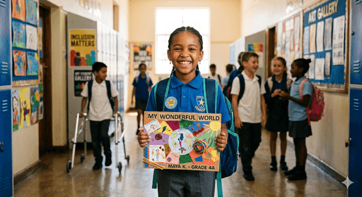 A joyful young student standing proudly in a school hallway, holding a certificate or a completed art project. The student looks confident and happy. In the background, blurred silhouettes of peers suggest an inclusive school environment. Inspiring, bright, and heartwarming style.