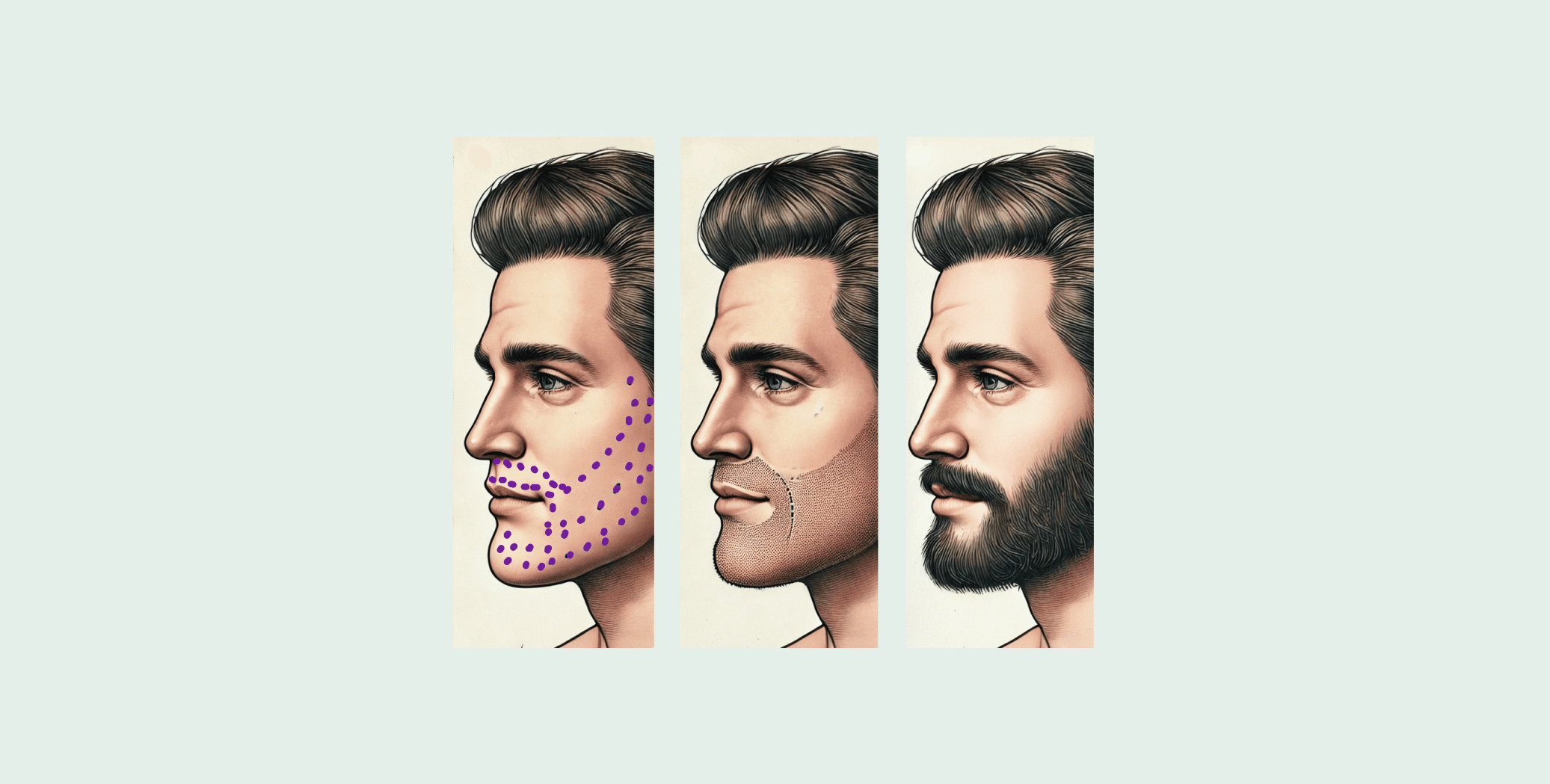 3 images side to side of a man first getting his beard transplant markuings, then a week after, then 6 months after. 