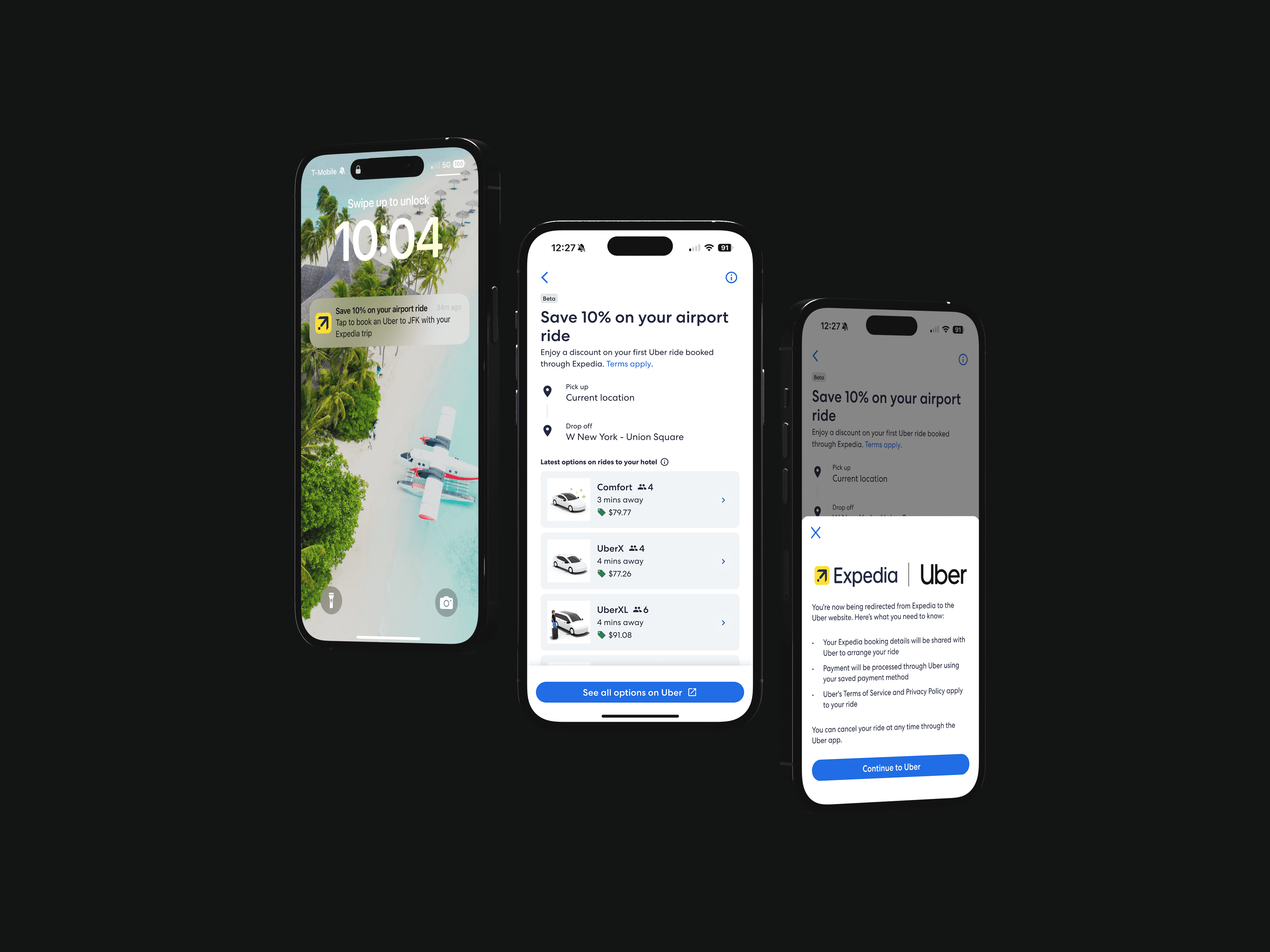 iPhone mockup showing the Expedia app x Uber integration