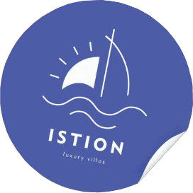 ISTION luxury villas logo sticker featuring a sailboat illustration on a blue circular background