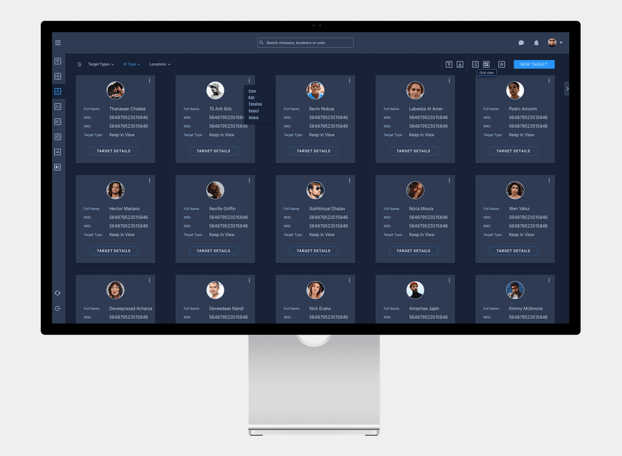 ParkourSC mobile app showing three screens: warehouse asset map with numbered cluster pins, an assets list for Bin JR-512 through JR-517, and an asset detail card with sensor data for Bin JR-512