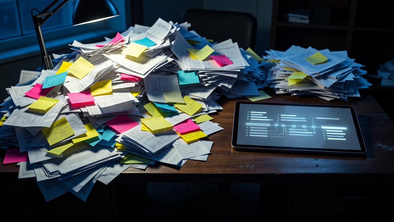 A cluttered desk surface is buried under scattered handwritten paper notes and numerous sticky memos. A sleek digital tablet sits in the center, displaying a glowing, organized task pipeline screen.