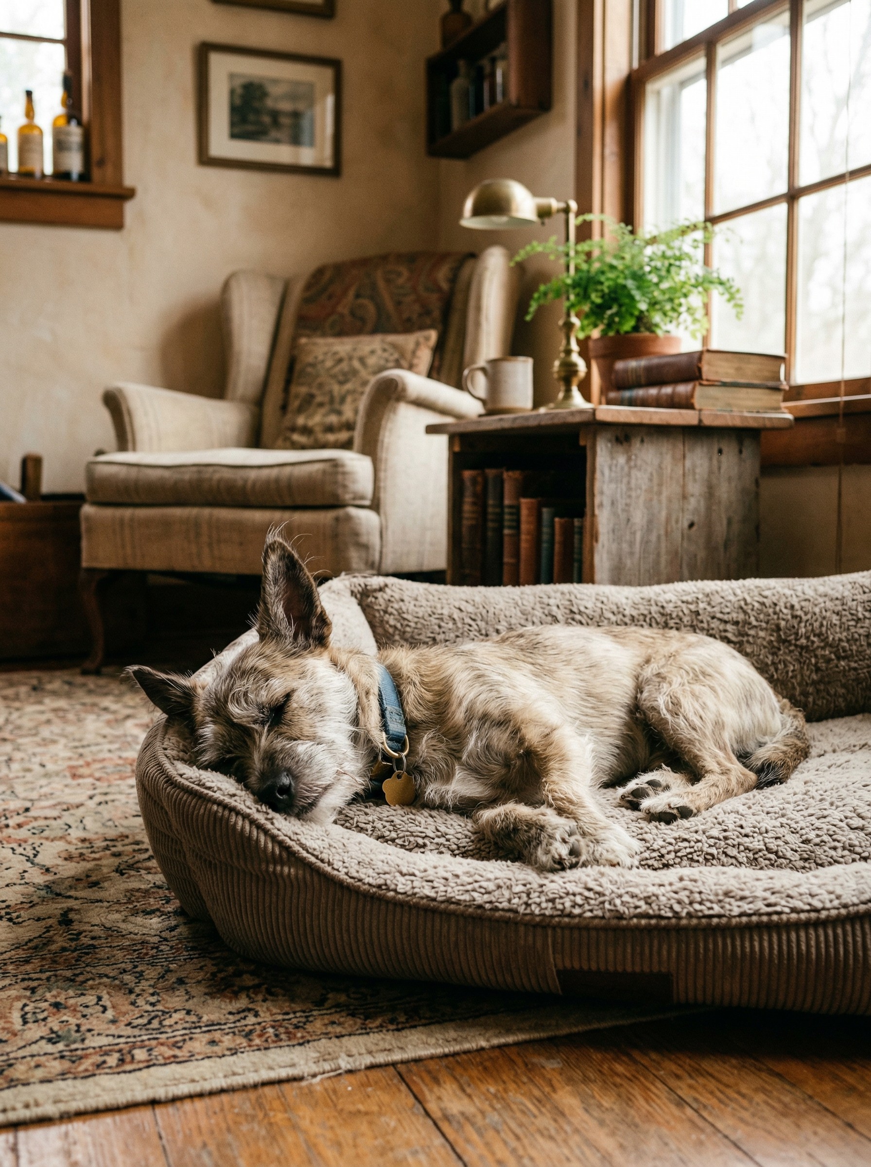 A peaceful terrier mix wearing a blue leather collar sleeping deeply in a plush Nuvorie calming pet bed within a cozy vintage living room