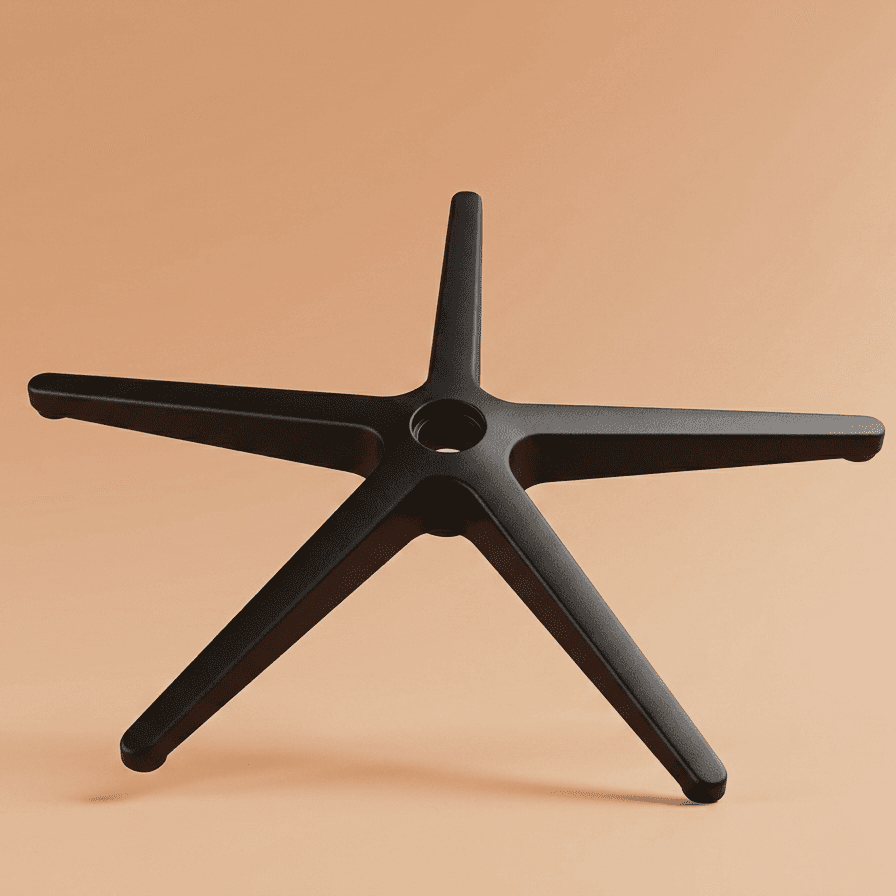 High-performance matte black nylon office chair base featuring a streamlined 5-prong design, universal central mounting hole, and durable reinforced construction for modern professional seating and ergonomic furniture applications.