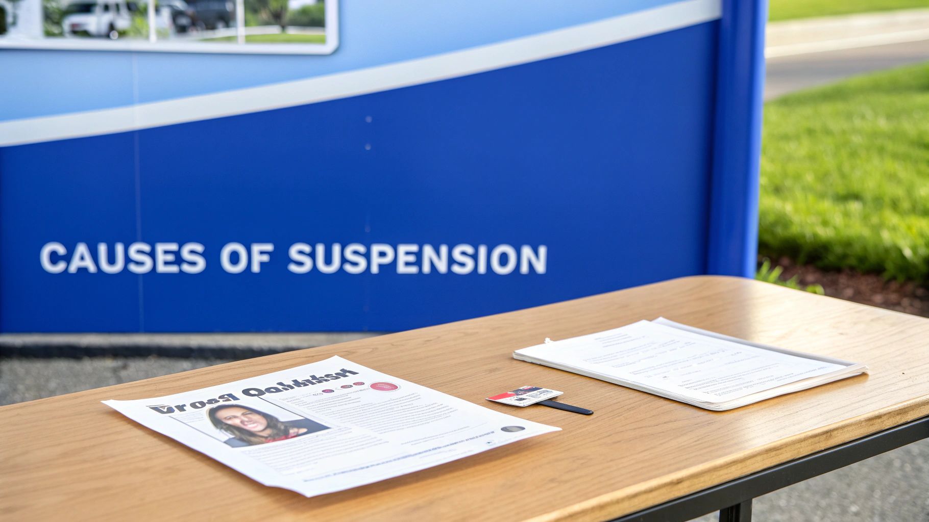 A wooden table displays documents and a small item in front of a blue sign reading 'CAUSES OF SUSPENSION'.