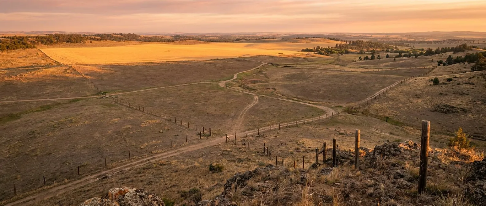 Expansive rural landscape at sunset with fields. RockN' Socials Digital Marketing Agency.