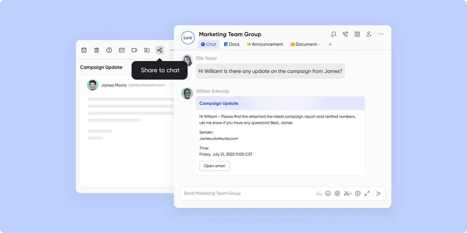 Alt: Sharing an email in a group chat in Lark