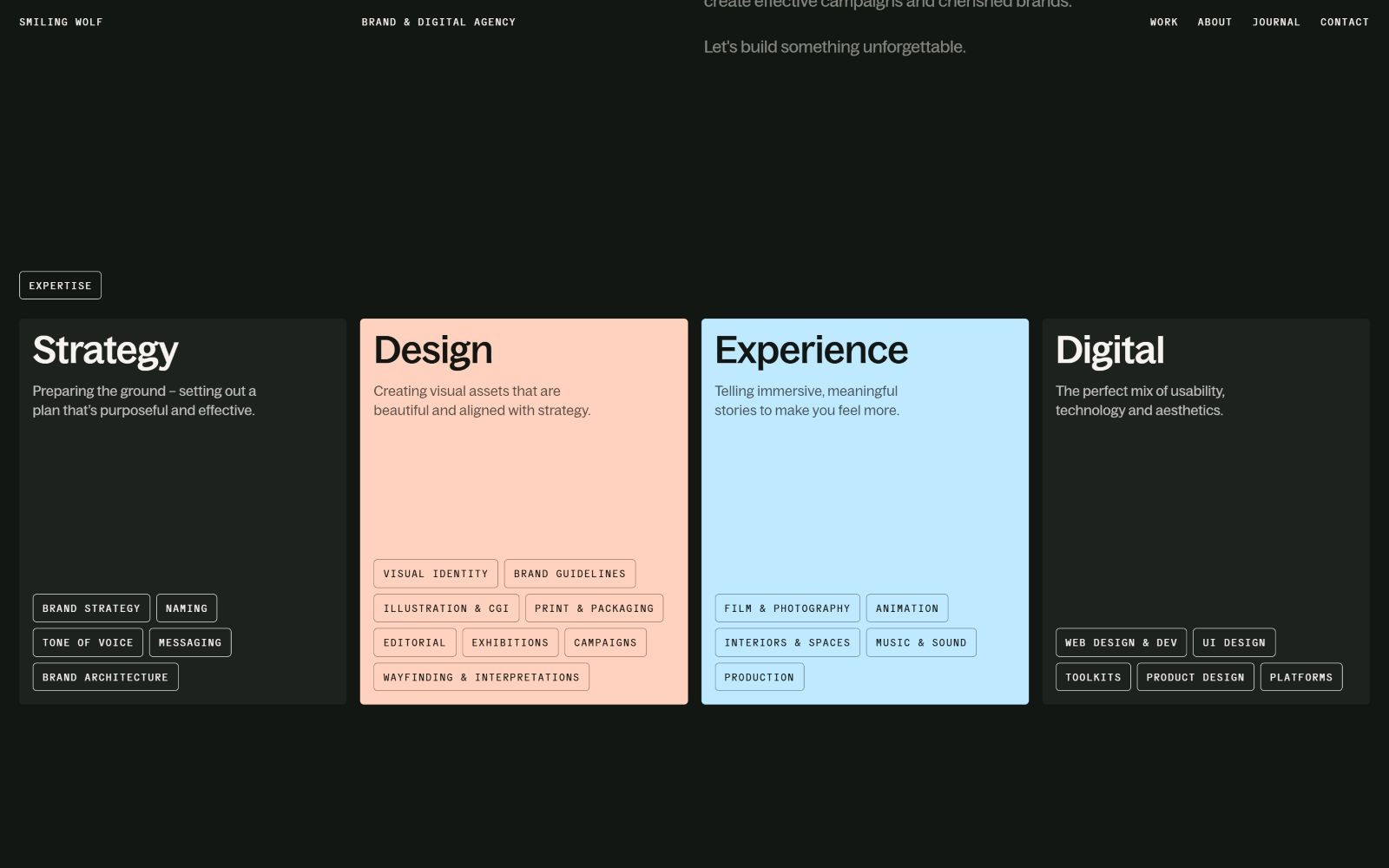 Dark background with four columns: Strategy (gray), Design (salmon), Experience (blue), Digital (light gray). White text details each service.