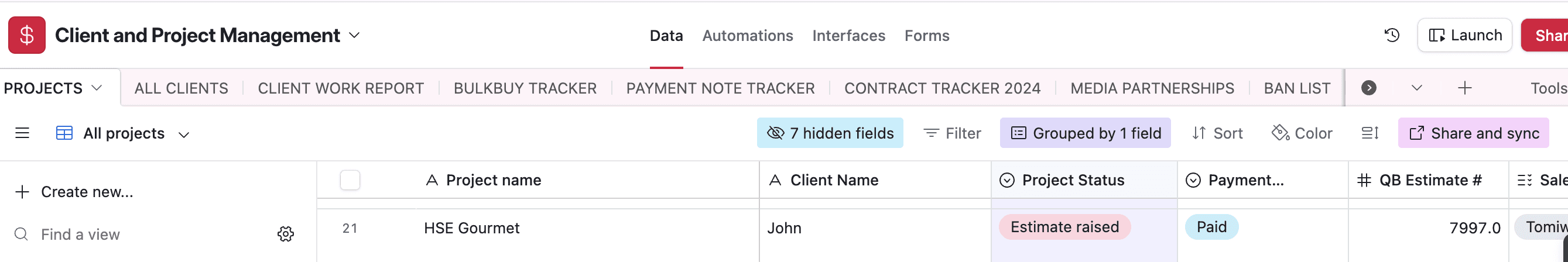 Registration of the deal as a project in Airtable
