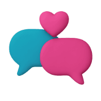 Two chat bubbles in blue and pink, with a heart above them, symbolizing communication and connection.