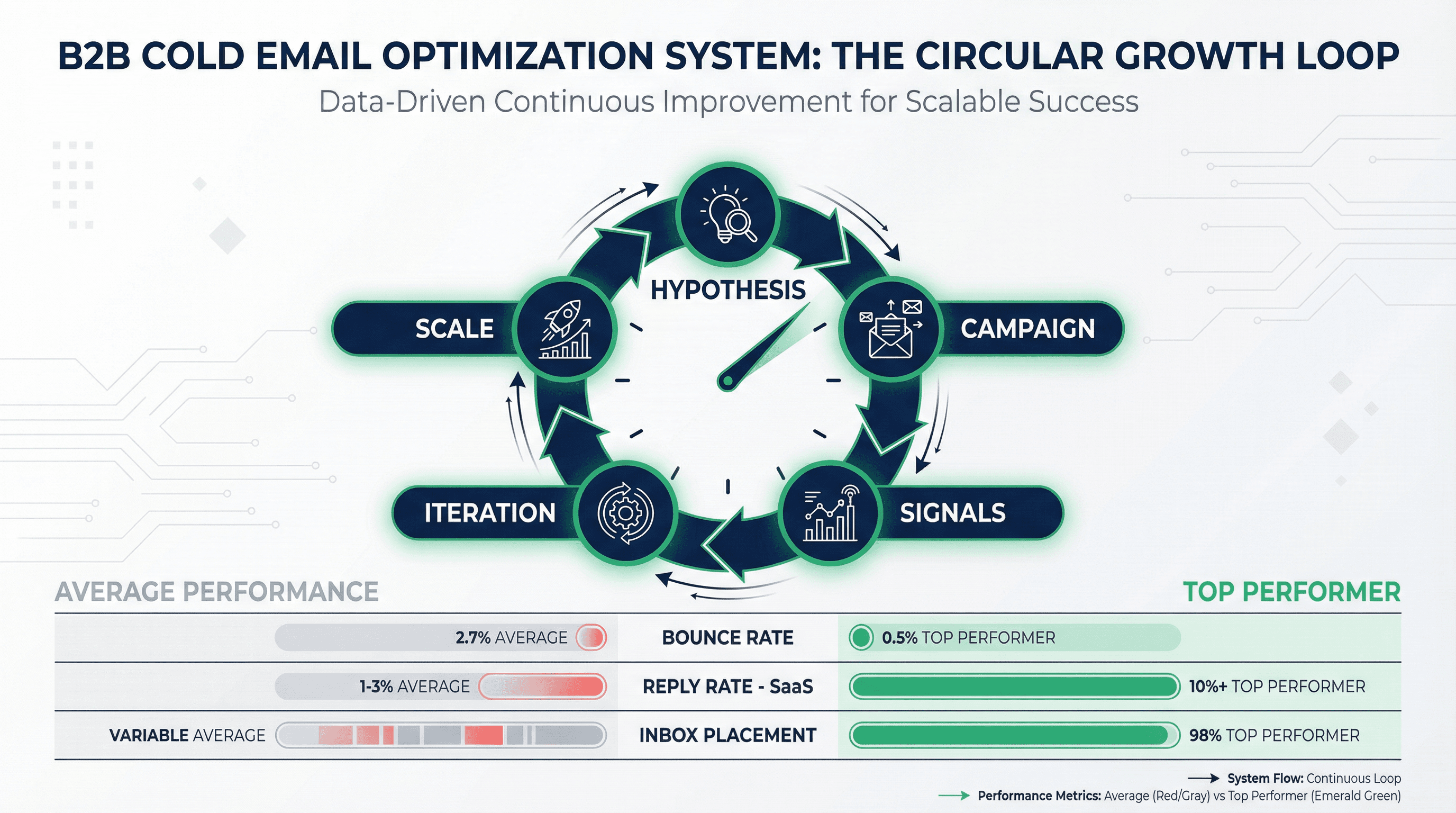 Circular optimization loop showing the 5-step cold email learning cycle (Hypothesis, Campaign, Signals, Iteration, Scale) with performance comparison metrics for average vs top performers: Bounce Rate (2.7% vs 0.5%), Reply Rate (1-3% vs 10%+), and Inbox Placement (Variable vs 98%)