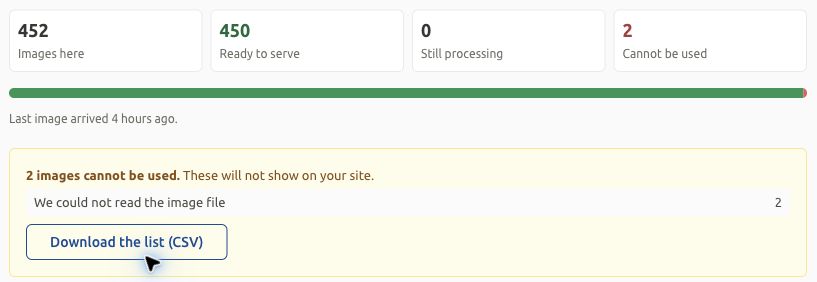 Migration readiness shows 452 images present, 450 ready, and two unusable images with a CSV report button