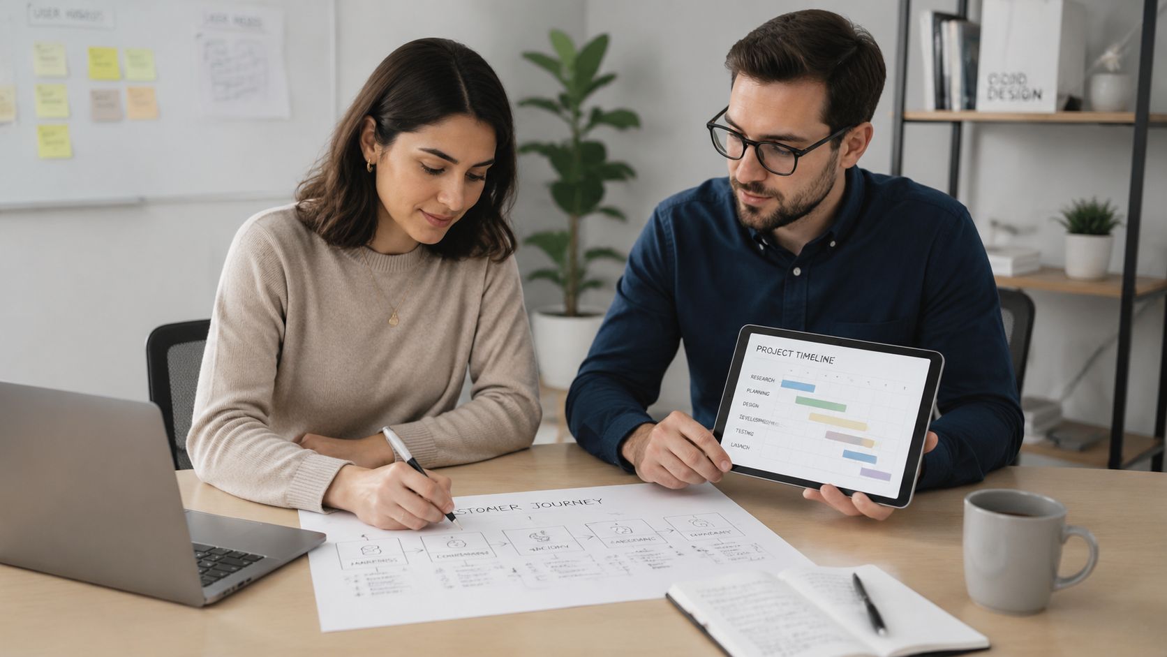 A product manager and project manager collaborating on a customer journey map and project timeline at a desk.