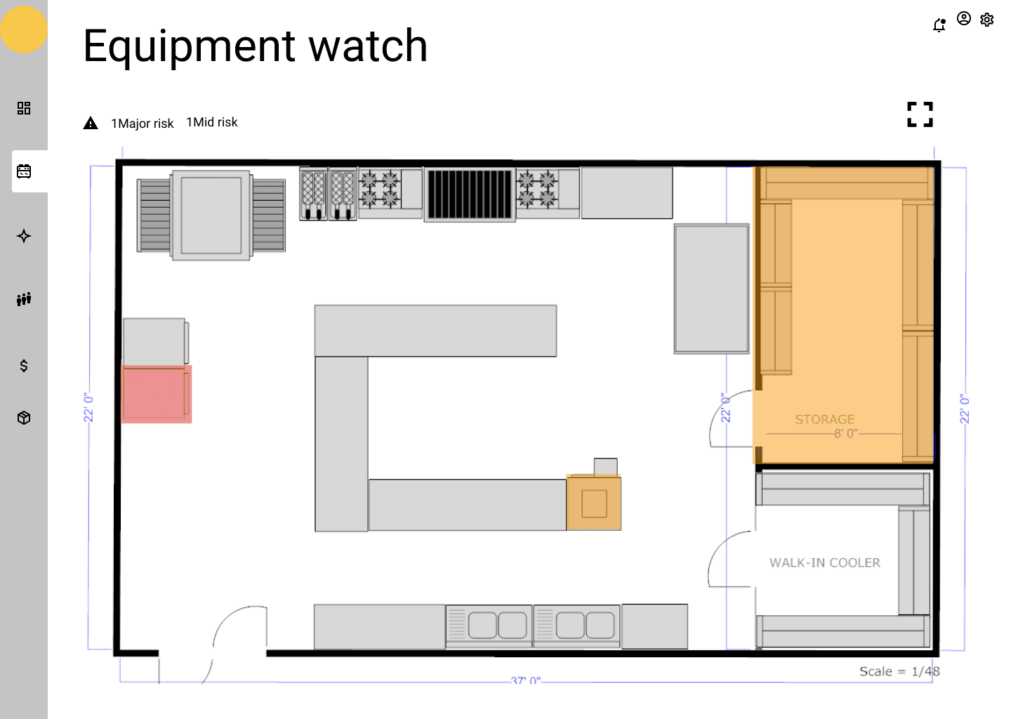Wireframe titled “Equipment watch”: a kitchen floor plan with equipment drawn in place and one area highlighted.