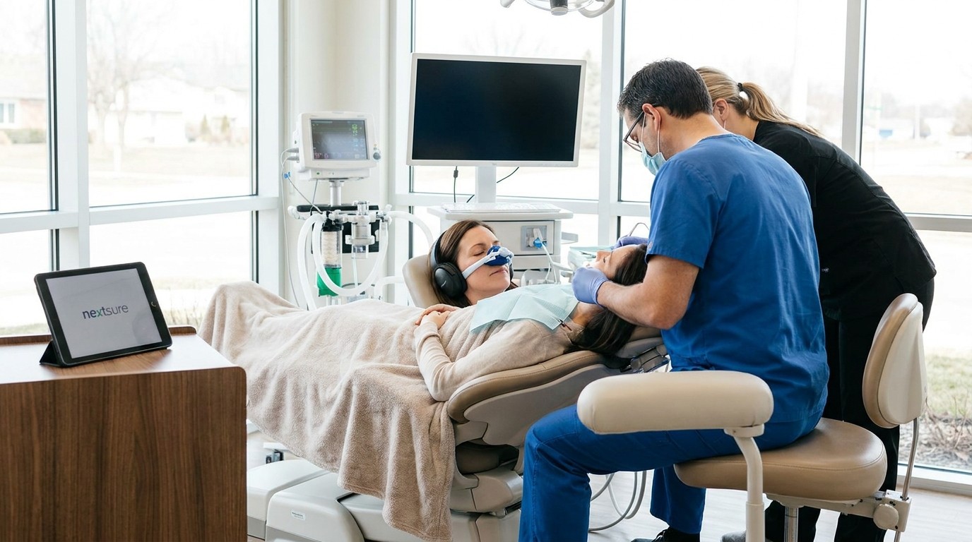 Patientin entspannt sich vor einer Zahnbehandlung