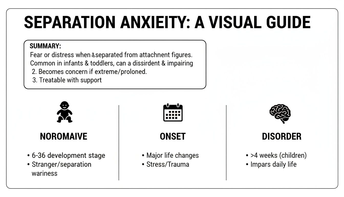 A visual guide explaining separation anxiety, its normal stages, onset triggers, and disorder criteria.