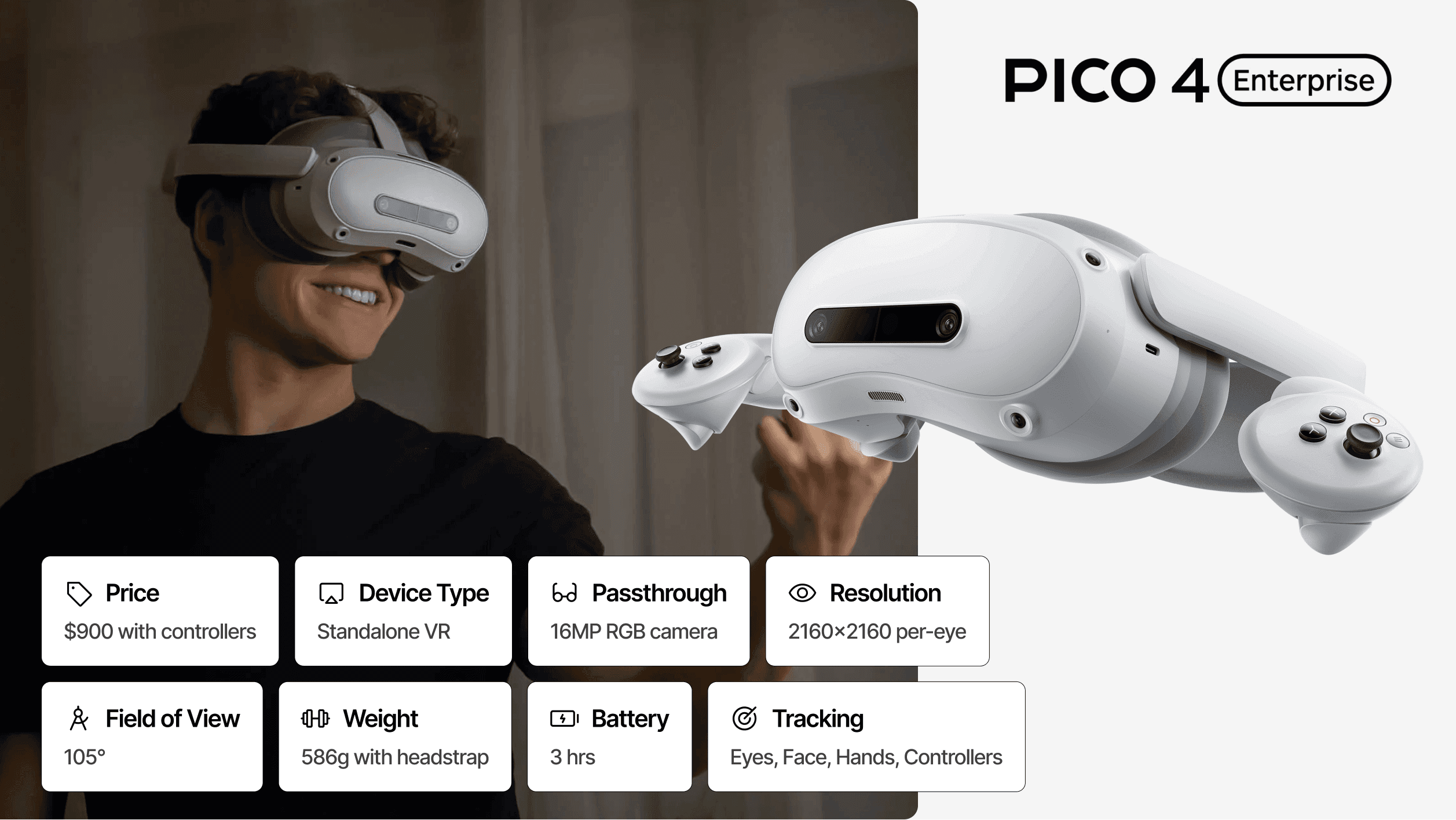PICO 4 Ultra Enterprise headset and controllers pictured next to a summary of resolution, field of view, and battery life.